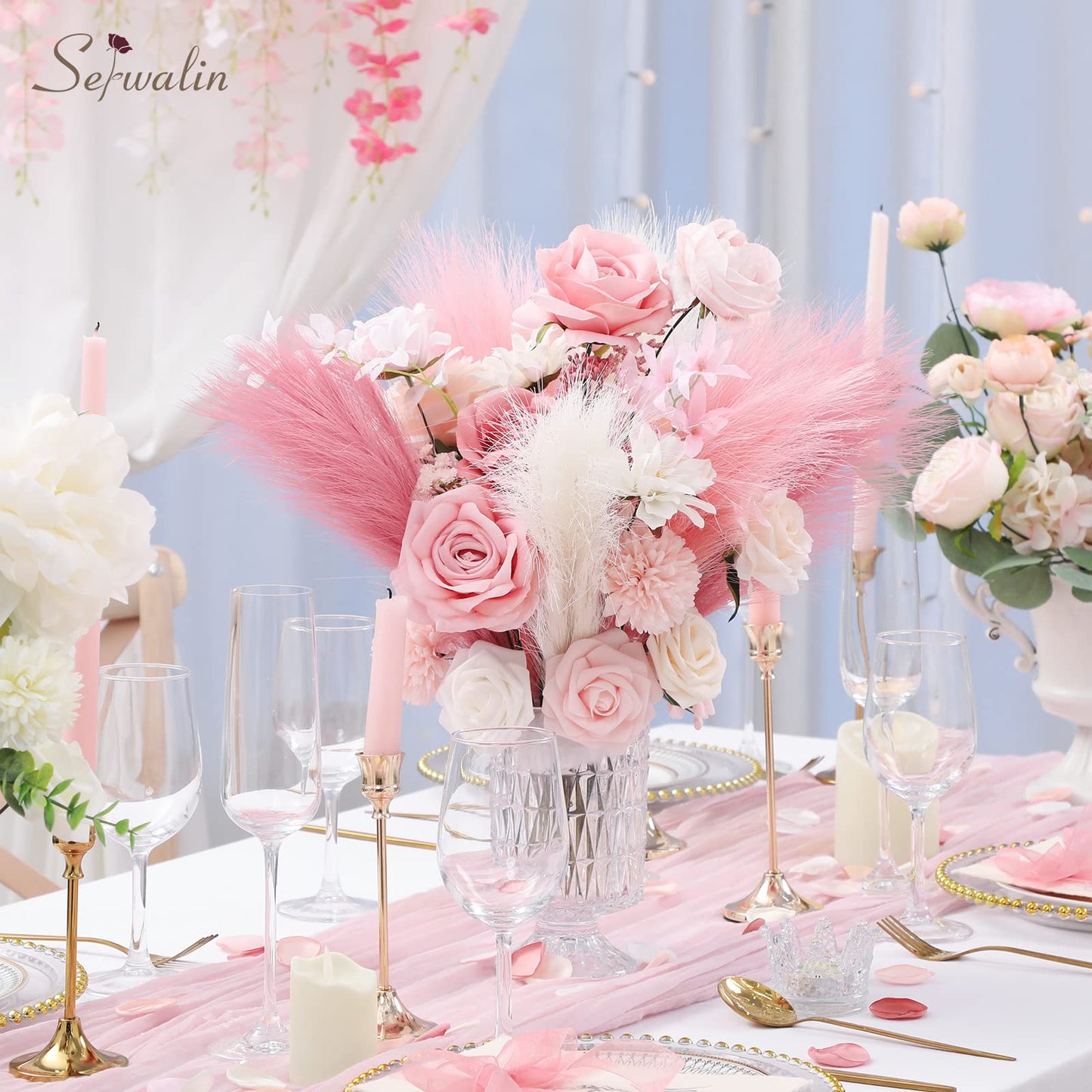 Pampas Grass Pink Decor 17.7 Inch 6pcs, Faux Pampas Grass Home Decor, Artificial Pampas Grass Blush Fake Pampas, Short Vase Room Christmas Decoration
