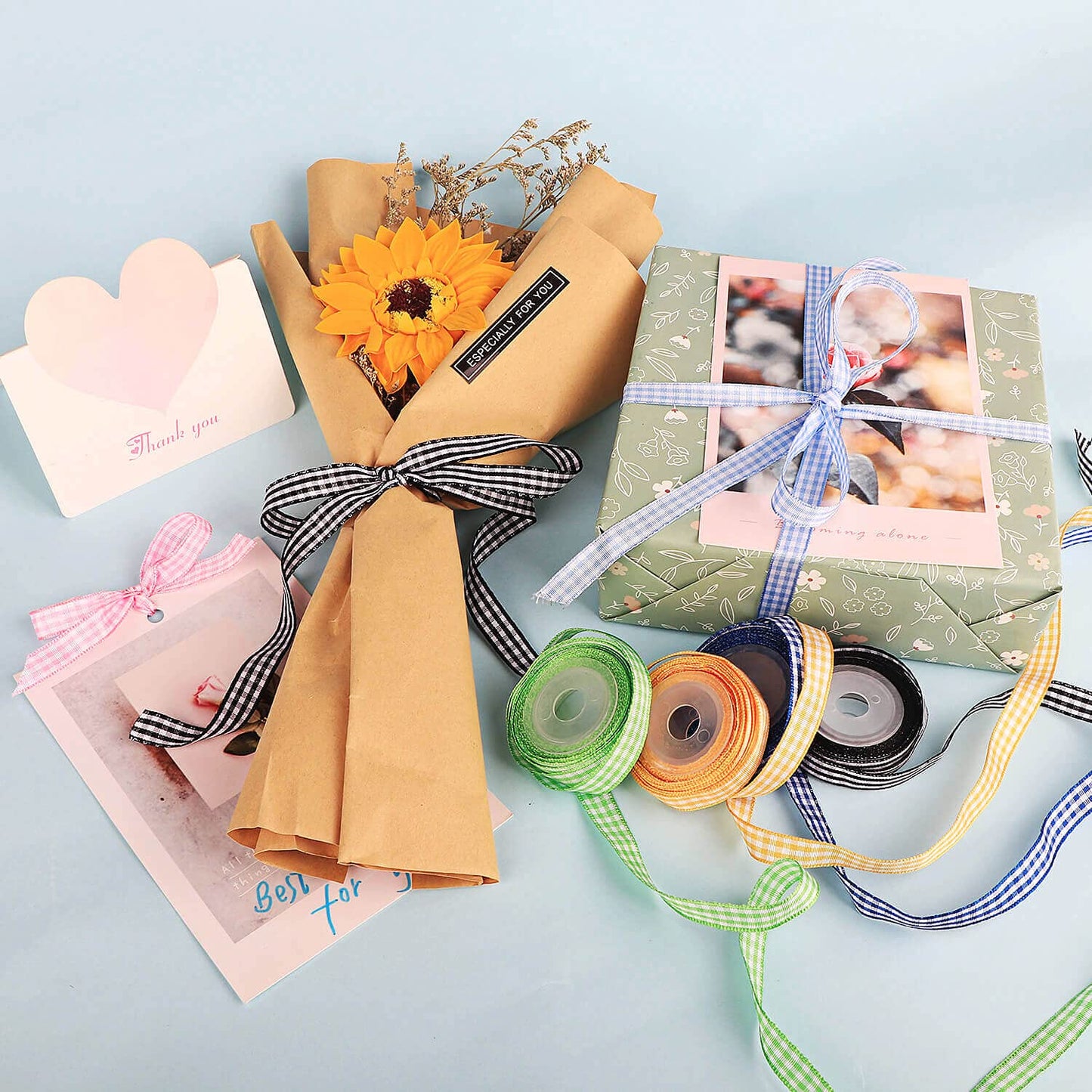 SOFIRE Gingham Ribbon for Gift Wrapping, Plaid Buffalo Ribbon 3/8 Inch Wide 6 Rolls 30 Yards Checkered Ribbon for Crafts