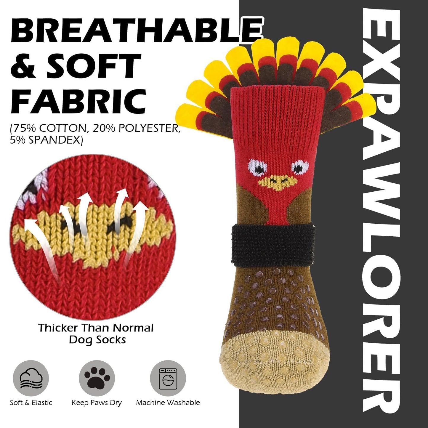 Thanksgiving Anti Slip Dog Socks to Prevent Licking Paws,Boots & Paw Protectors with Grippers,Doggie Booties for Hardwood Floors for Small Medium Large Senior Dogs Lifelike Costume Turkey M