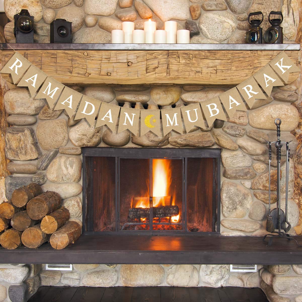 Jute Burlap RAMADAN MUBARAK Banner with Moon and Star Mantel Fireplace Decoration