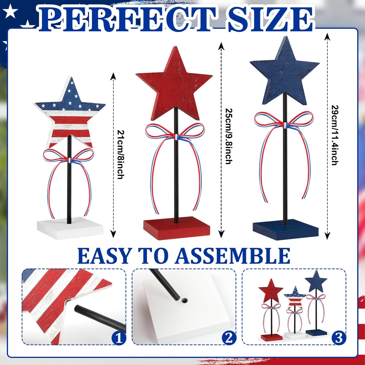 Hedeey 4th of July Tiered Tray Decor Wooden Star Set, 3 Pcs Memorial Day Table Decorations, Rustic Patriotic Tabletop Home Decor, Red White and Blue Decorations for Home (Retro)
