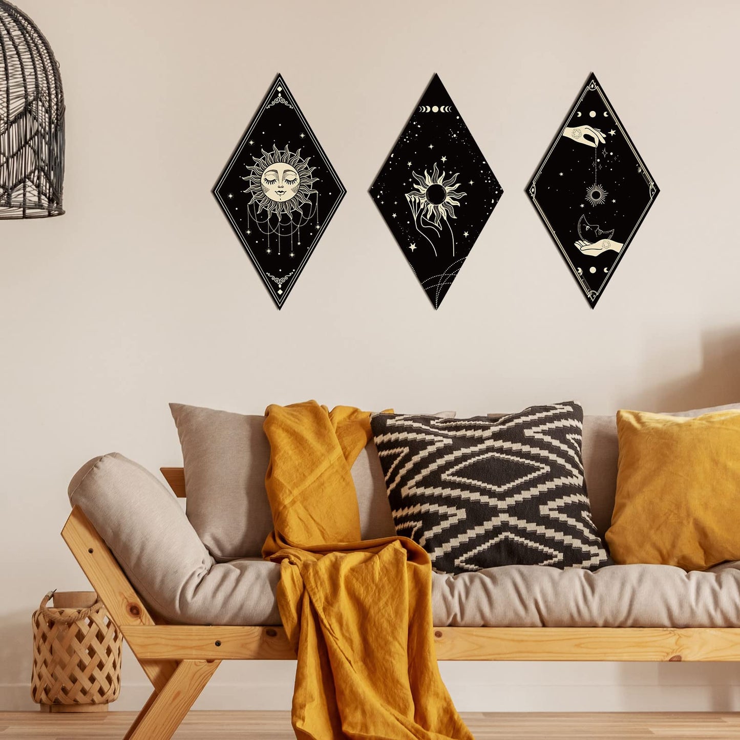 6 Pieces Boho Wall Decor Sun Moon Phases Wall Art Gothic Minimalist Stars Sun Hanging Wooden Home Decor Farmhouse Pediments for Gallery Living Bedroom Room(Boho)