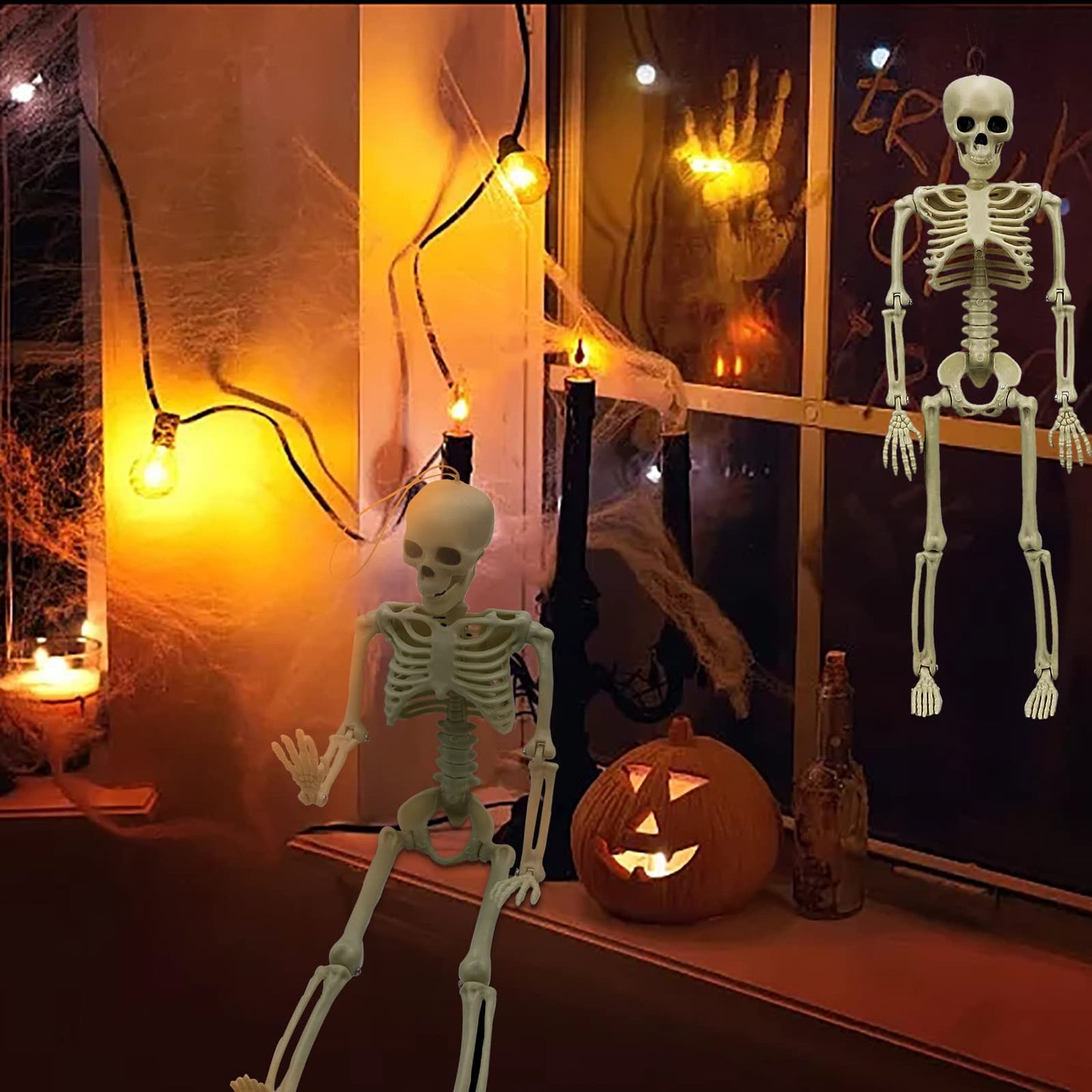 MEMOVAN 16" Halloween Skeleton 2pcs Full Body Posable Halloween Skeletons with Movable Joints Realistic Spooky Skeletons for Haunted House Graveyard Props Halloween Party Decorations