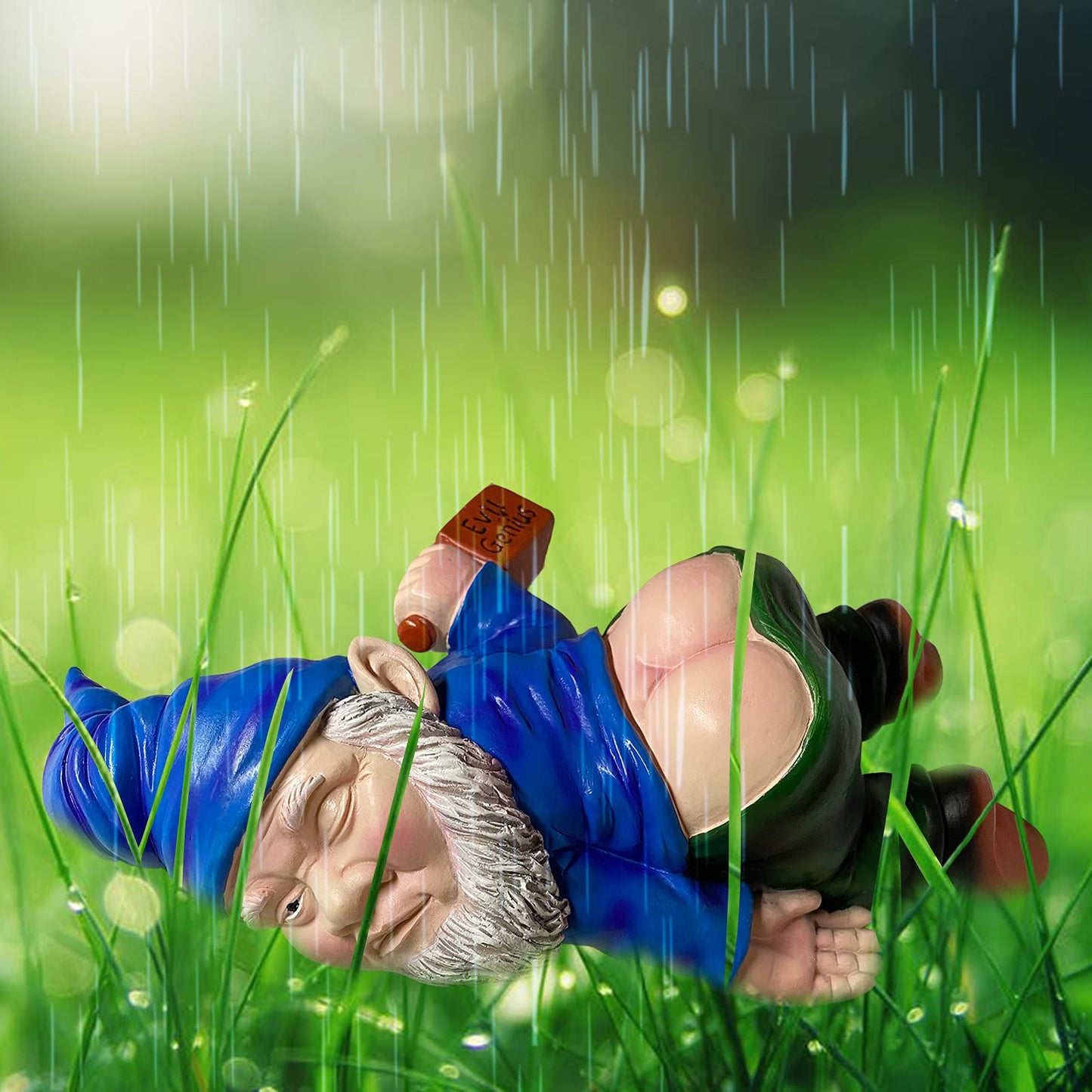 Gnome Statue Outdoor Decor 9.5 Inch L, Funny Garden Yard Lawn Sculpture Decoration, Naughty Housewarming Gift, Blue