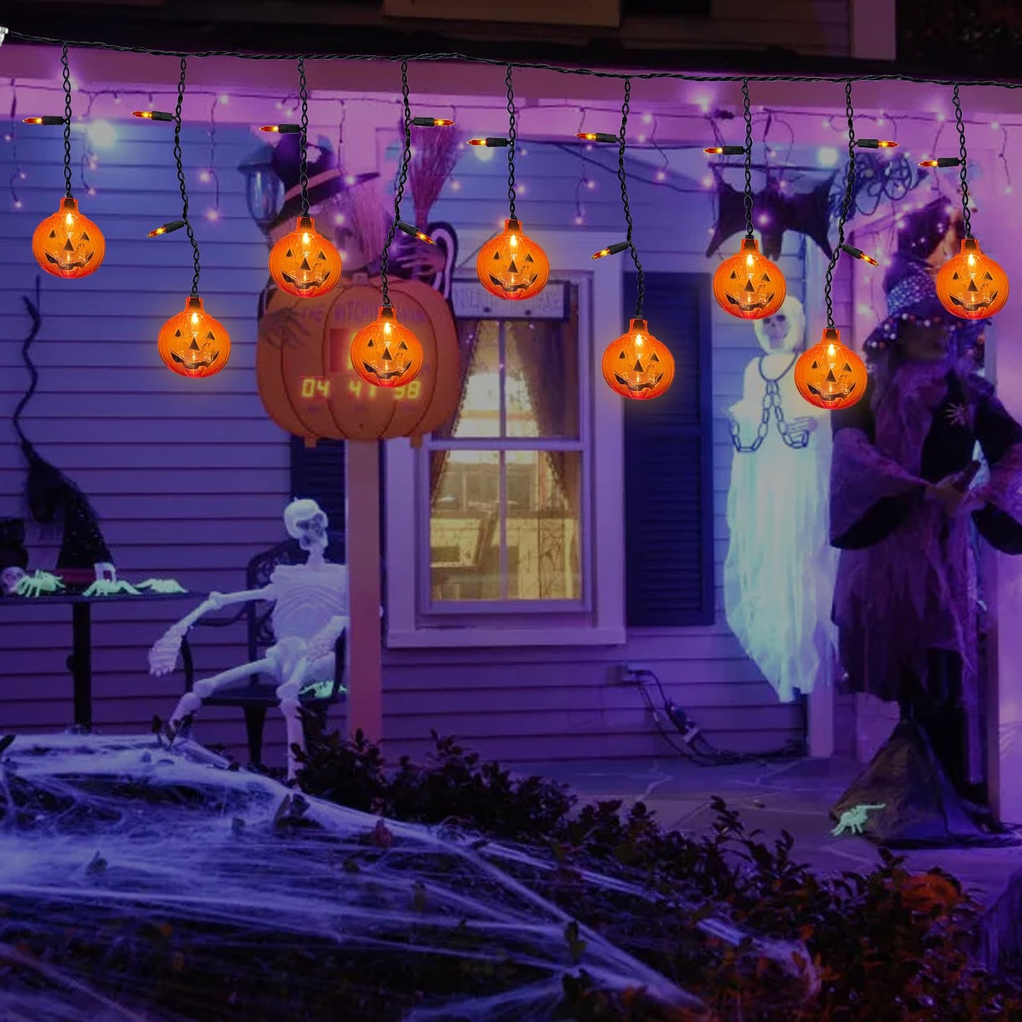 Romasaty Halloween 7FT Pumpkin Curtain Lights with 10 Waterproof Pumpkin String Lights, 25 LED Halloween Themed Lights for Windows, Porches, Stairs, Bars, Outdoor, Indoor Party Decorations