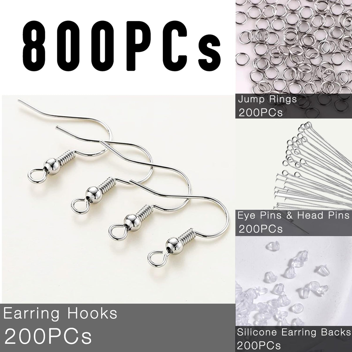 800PCs Fish Hooks & Pins, Earring Making Kit (Fish Hook Silver)