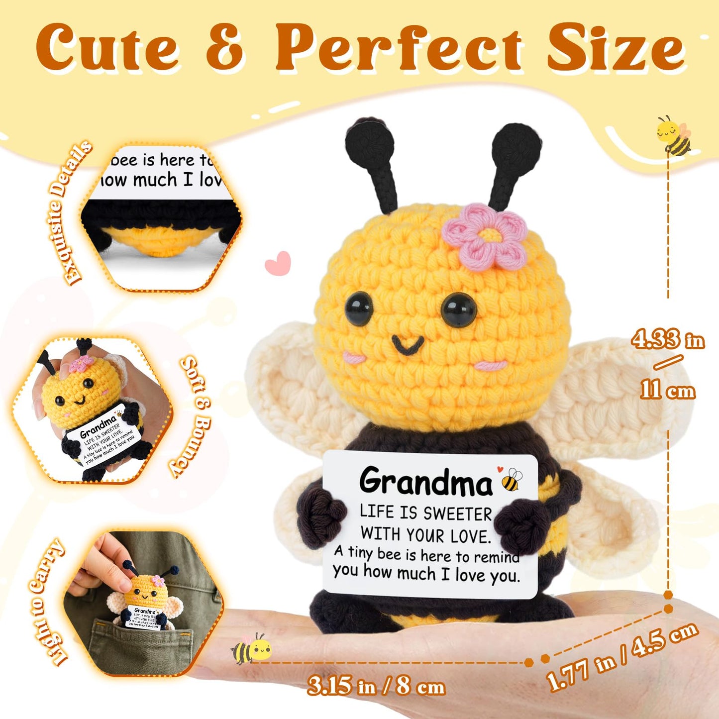 Gleevera Grandma Gifts, Birthday Gifts for Grandma from Granddaughter Grandson - Cute Handmade Crochet Bee - Valentines Birthday Mothers Day Present for Grandmother, Emotional Support Crochet Decor