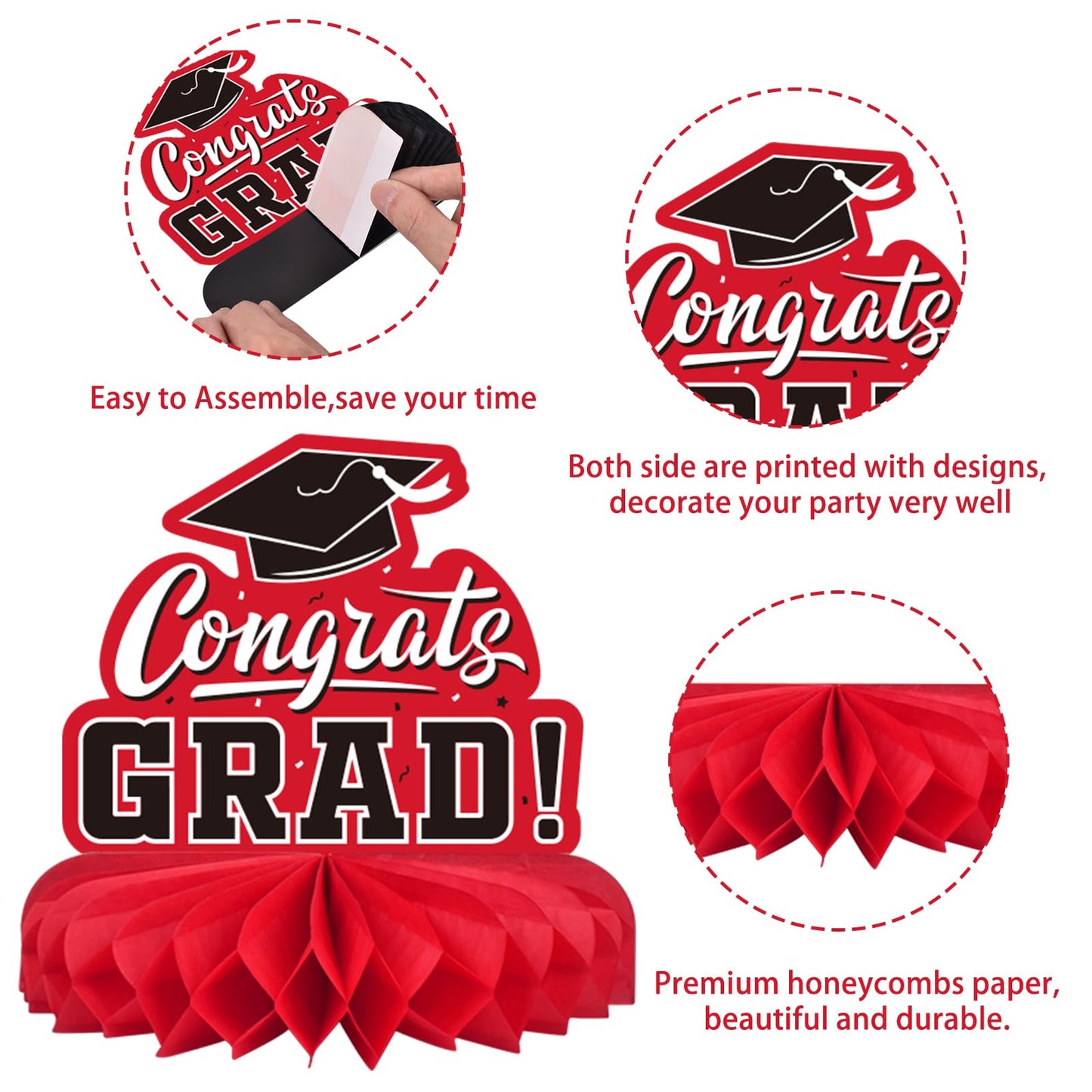 9PCS Graduation Decorations 2026 Congrats Grad Table Centerpiece Congratulate Graduation Honeycomb Table Toppers for Graduation Party Supplies(Red,Black）