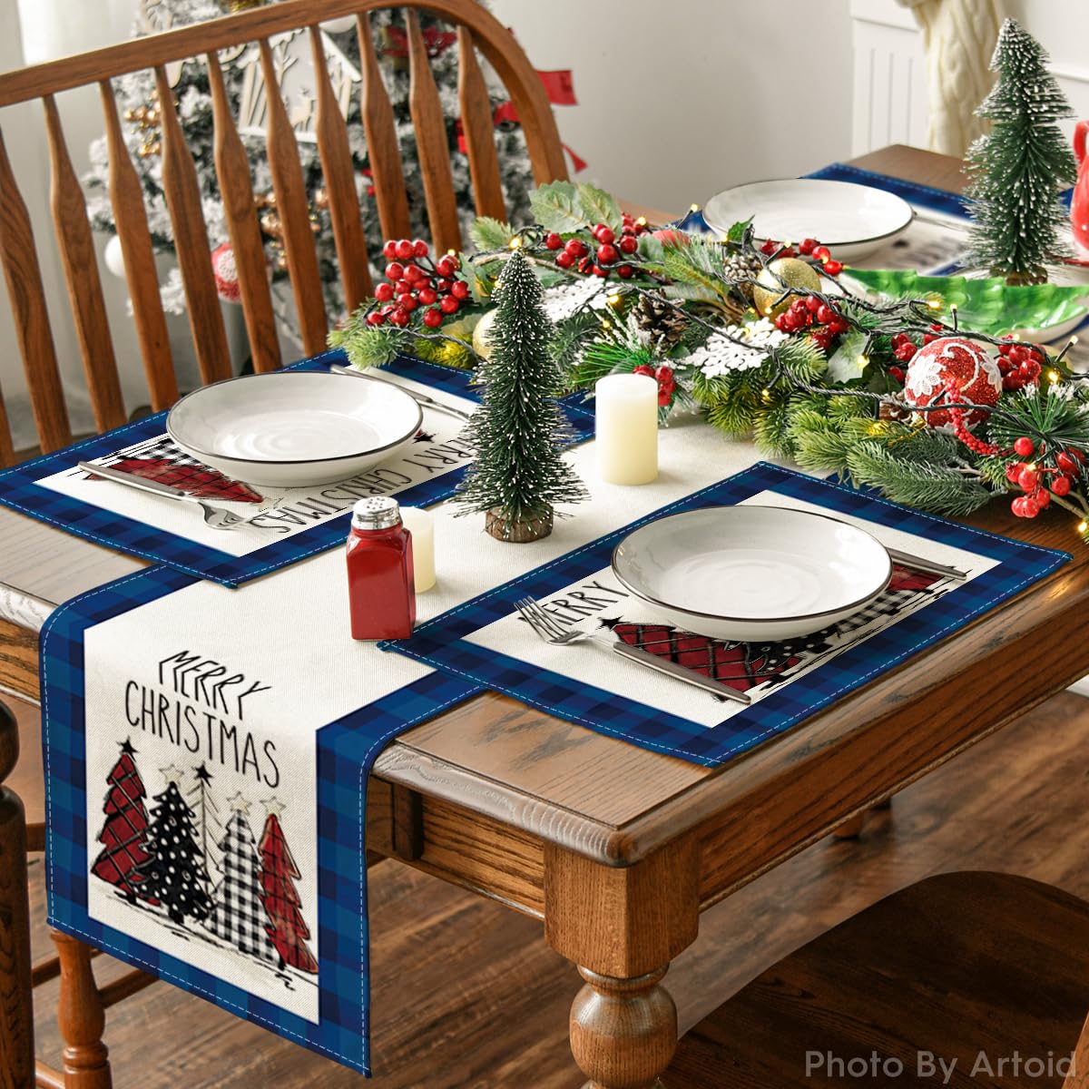 Artoid Mode Blue Waterclor Buffalo Plaid Christmas Trees Placemats Set of 6, 12x18 Inch Winter Table Mats for Outdoor Home Party Kitchen Dining Decor