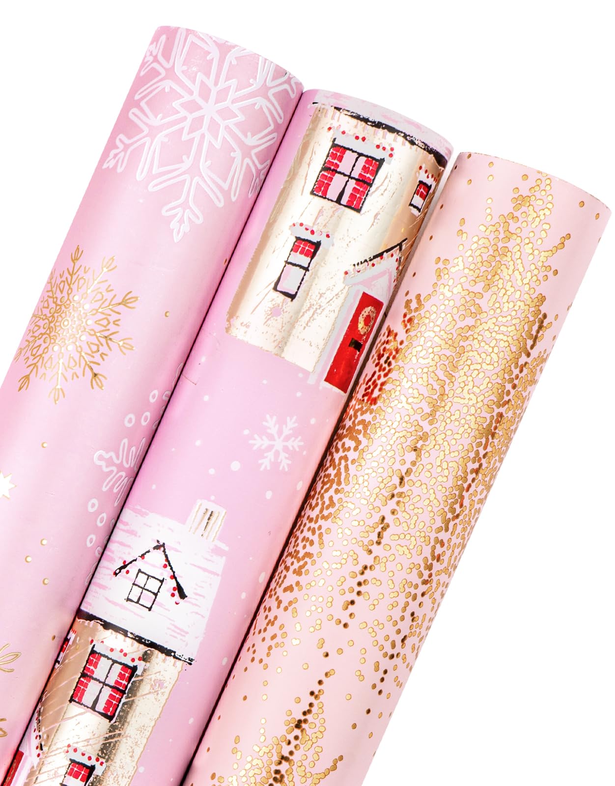 Christmas Wrapping Paper Roll - Mini Roll - 3 Rolls - 17 Inch X 120 Inch Per Roll - Pink and Gold House, Christmas tree, Snowflake Holiday Collection with Metallic Foil Shine
