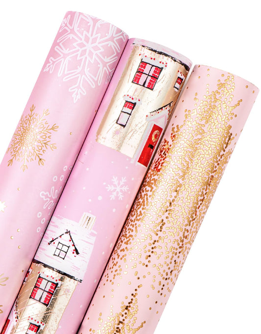 Christmas Wrapping Paper Roll - Mini Roll - 3 Rolls - 17 Inch X 120 Inch Per Roll - Pink and Gold House, Christmas tree, Snowflake Holiday Collection with Metallic Foil Shine