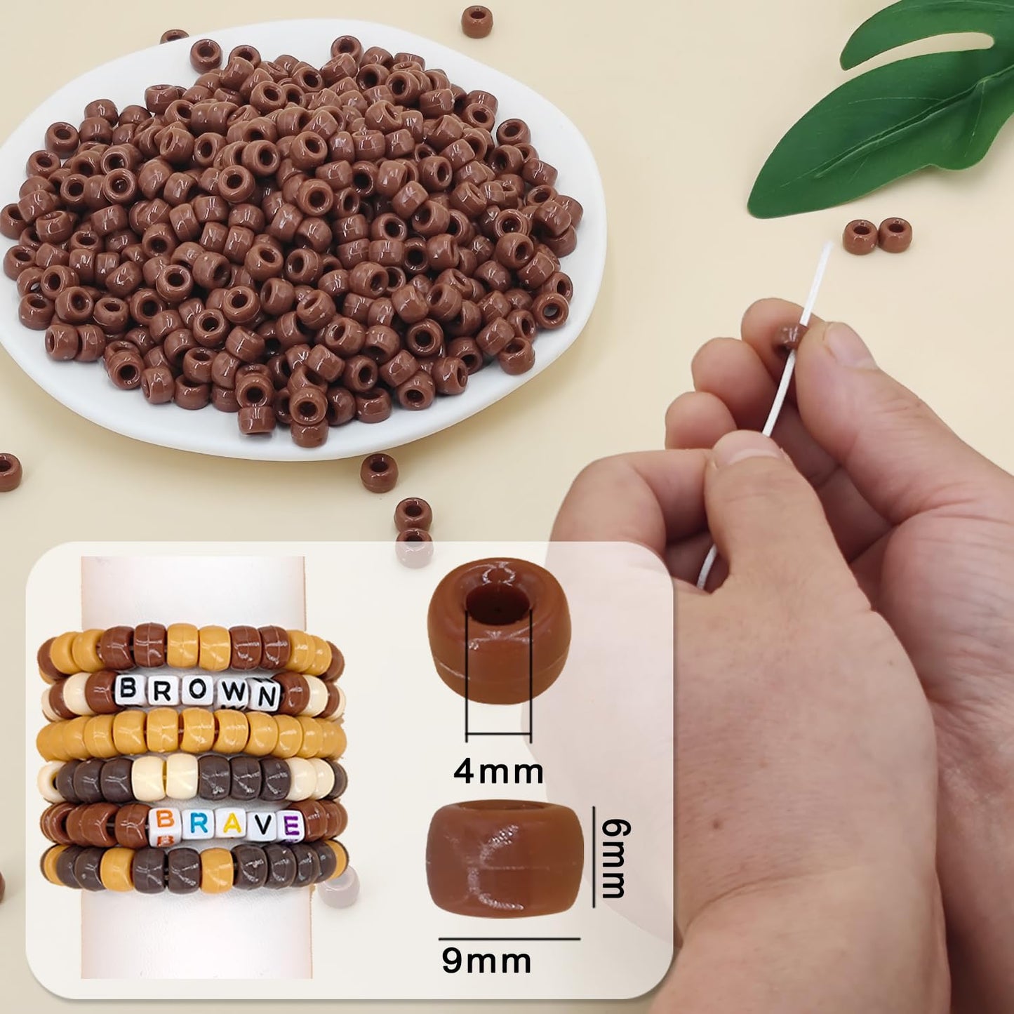 MIIIM 1200PCS 6x9mm Pony Beads Bulk, Brown Kandi Beads for Bracelets Making Kit, Hair Braids Crafts for Jewelry Making (Umber Brown)