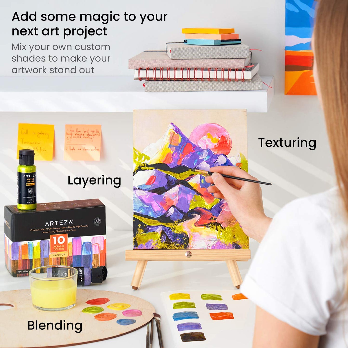 ARTEZA Iridescent Acrylic Paint Set, 10 Galaxy Tones, 60 ml / 2 fl oz Bottles, Shimmer Water-Based Paints for Canvas, Wood, Rocks, Fabric, Paper, and Mixed Media