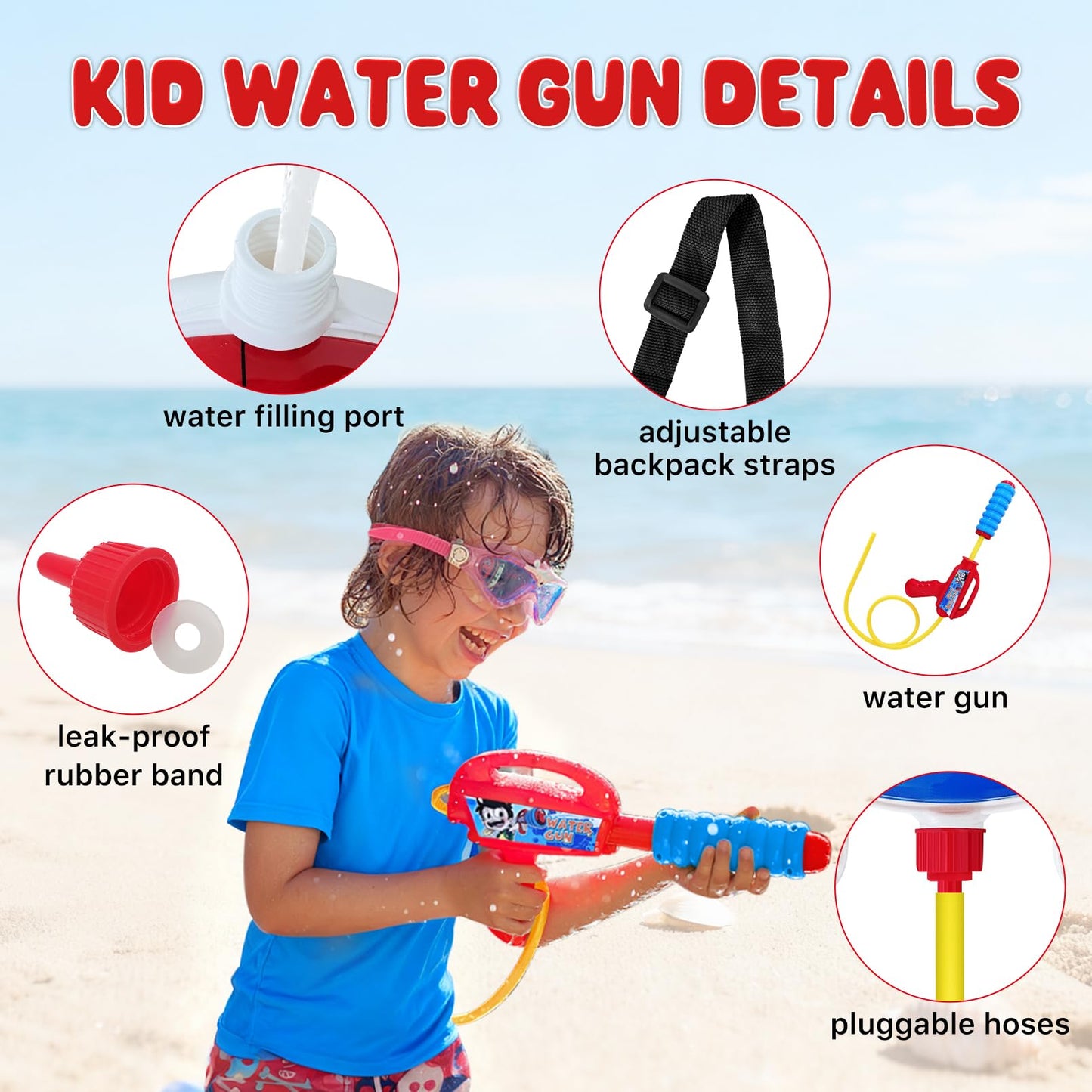 Minaso Backpack Water Gun for Kids, Superhero Squirt Gun, 1.3L Cartoon Summer Outdoor Toys with Adjustable Straps for Swimming Pool Backyard Beach Water Fight Game (Red)