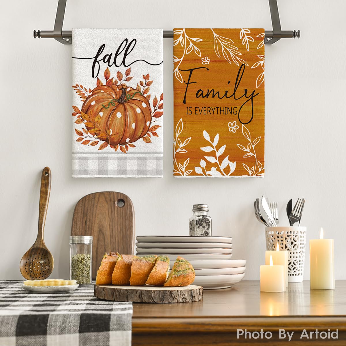 Artoid Mode Orange Buffalo Plaid Polka Dot Pumpkin Fall Kitchen Towels Dish Towels, 18x26 Inch Farmhouse Eucalyptus Leaves Decoration Hand Towels Set of 4