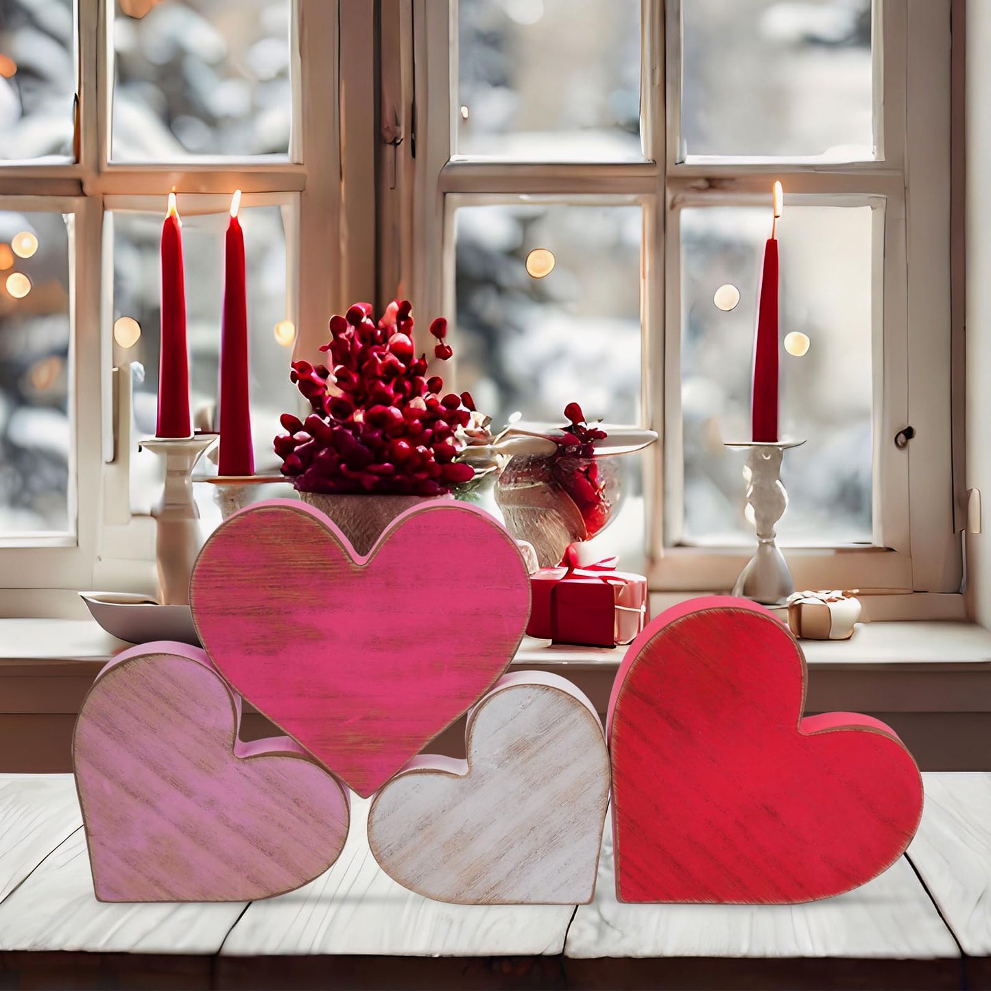 Wooden Hearts Valentines Decorations Indoor, Wood Heart Blocks Tiered Tray Decor Set of 4, Red Pink White Valentine Decoration for Home Party Office Shelf Door (Retro)