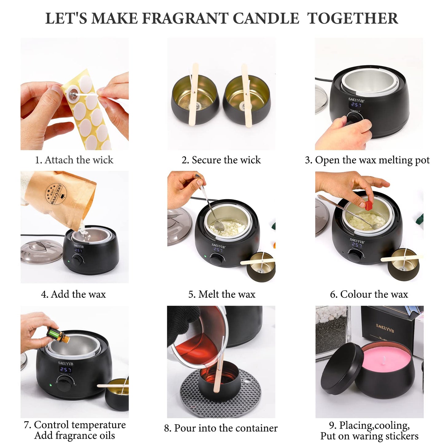 Candle Making Kit for Adults with Hot Plate, DIY Starter Soy Candle Making Supplies/Kit - Perfect as Home Decorations（Black）