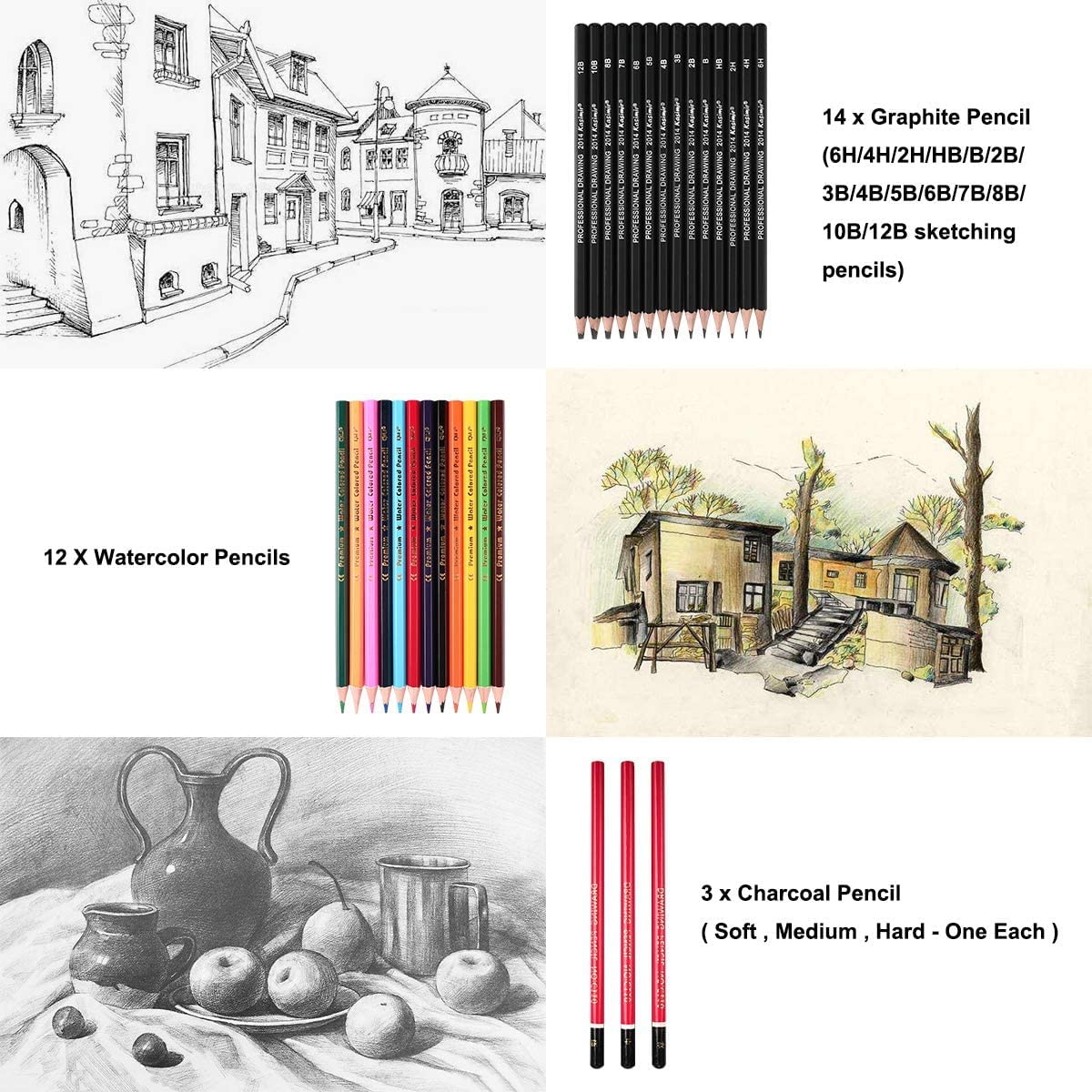 QQQ Sketching Pencil Set Art Pencils Drawing Kit,39 pcs Drawing Set With Sketch Pencils, Watercolor Pencils inside Canvas Rolling Pouch For Beginners, Adults & Professionals