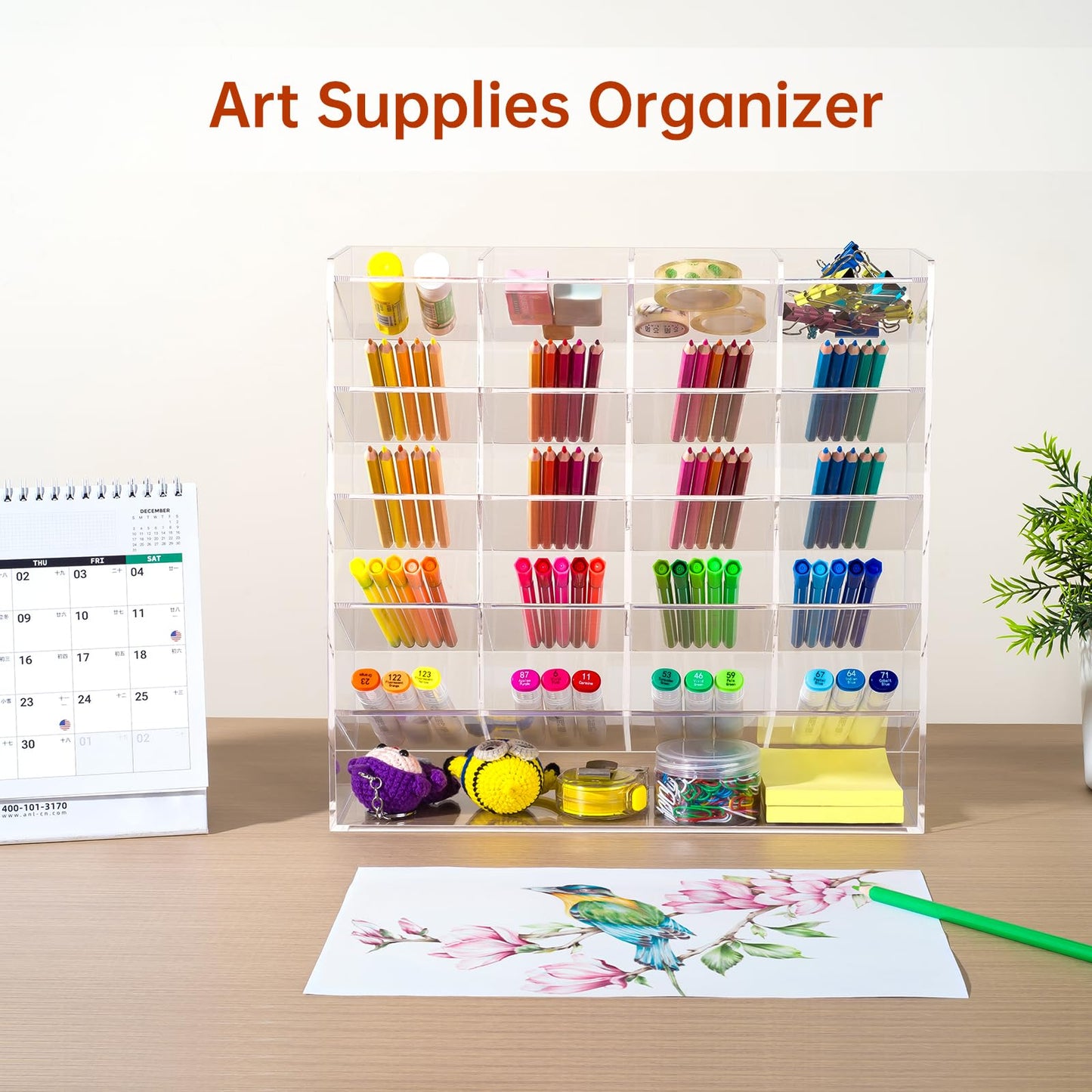 BEYGORM Acrylic Vertical Marker Organizer for 250 Markers with 21 Compartments, Clear Angled Pen & Pencil Holder, Large Desk Stationery & Art Supply Storage for Office & School (13 x 12.5 x 4 Inch)