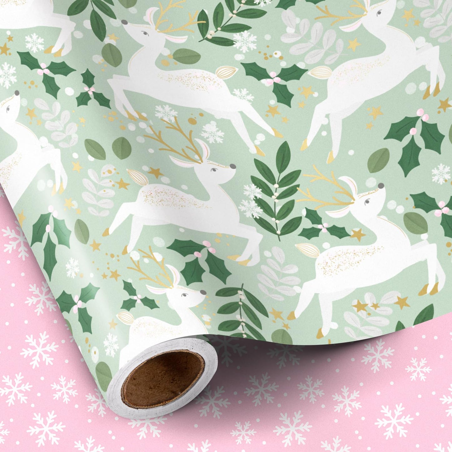 Reversible Wrapping Paper Roll - Mini Roll - Christmas White Reindeer and Snowflake Pattern Great for Christmas, Party, Holiday - 17.5 Inches X 32.8 Feet