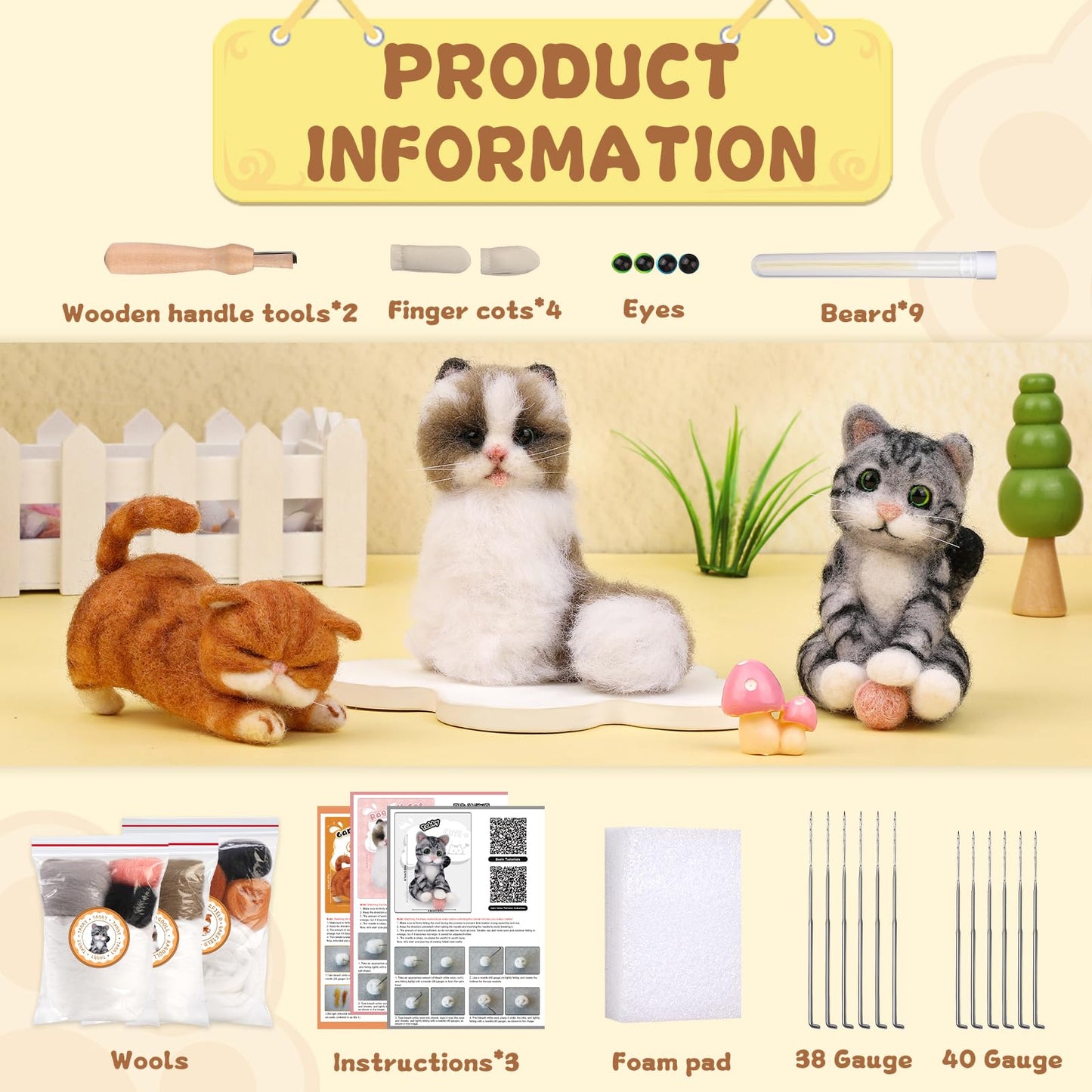 Needle Felting Kit, 3 PCS Cat Animal Needle Felting Beginner Kits Wool Felt Needle Felting Tools with Instruction for DIY Craft Animal Home Decoration