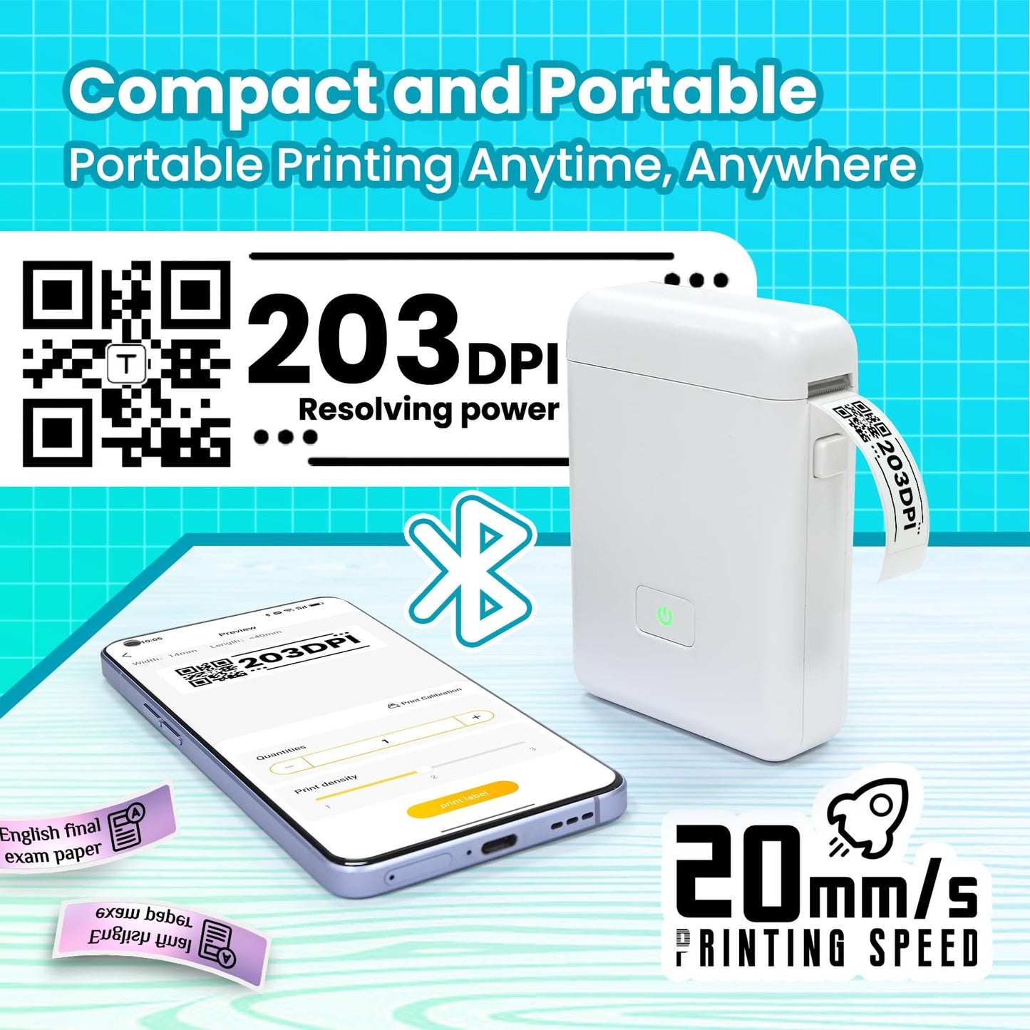 vretti Label Maker Machine with Tape, HP2 Portable Bluetooth Label Printer for Storage, Shipping, Barcode, Office, Home, Organizing Mini Sticker Label Maker with Multiple Templates (White)