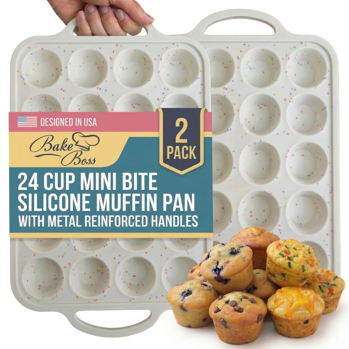 BAKE BOSS Mini Muffin Pan Silicone 24 Cup 2 Pack – Metal Reinforced Frame Nonstick Silicone Molds for Baking Muffins, Egg Bites & Cupcakes – LFGB BPA-Free, Dishwasher Safe, Cream