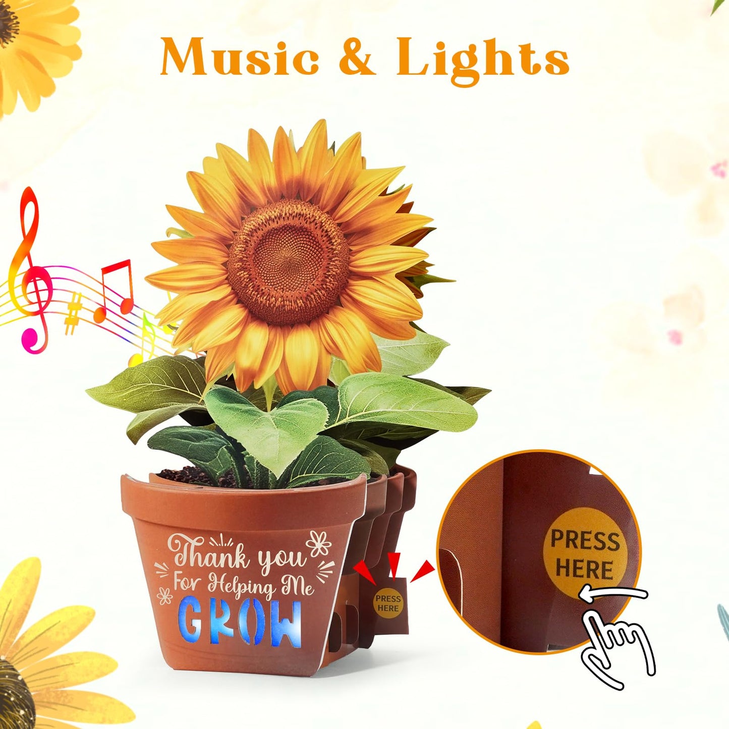 APOTODITO Teacher Appreciation Cards, Sunflower Graduation Card with Music and Lights with Text Thank You for Helping me Grow