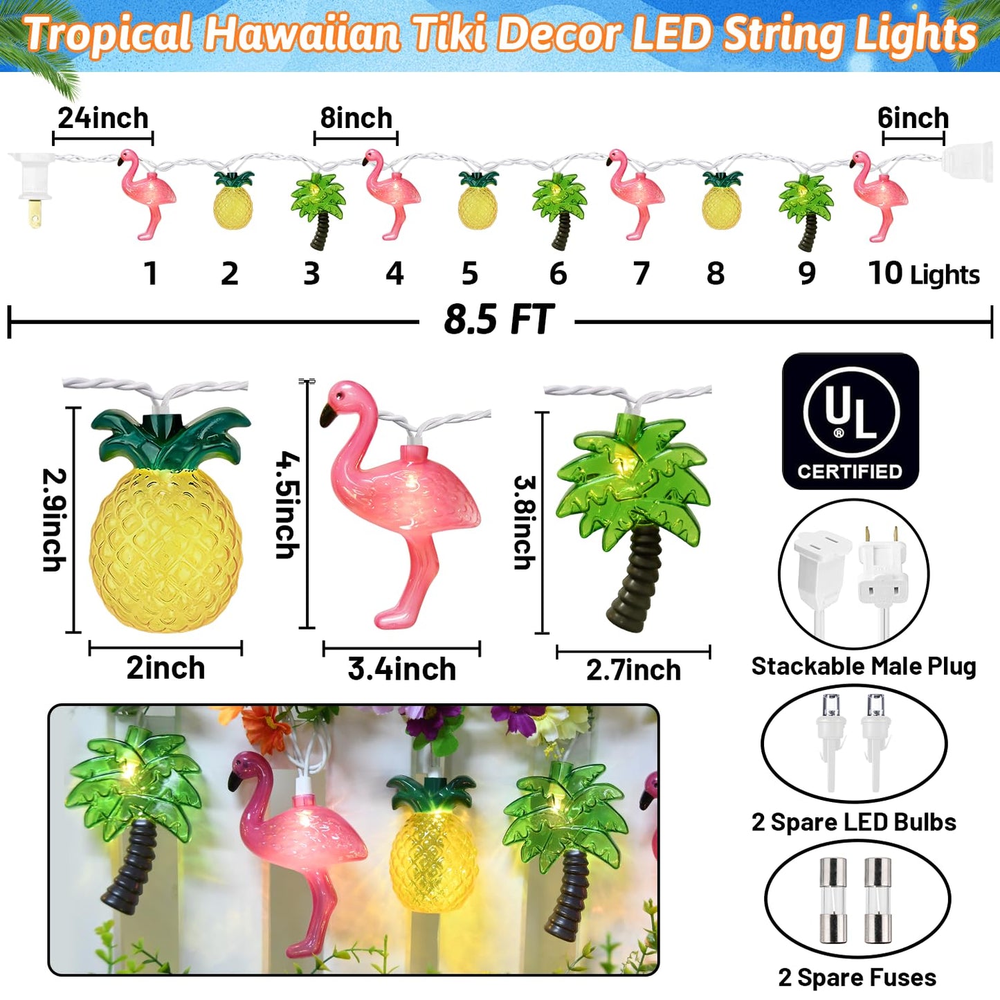 Hawaiian Party Decorations Lights - 8.5Ft LED Flamingo Pineapple Palm Tree Lights Tropical String Lights Tiki Lights Outdoor for Summer Hawaiian Themed Pool Beach Party Bar Home Room Tropical Decor