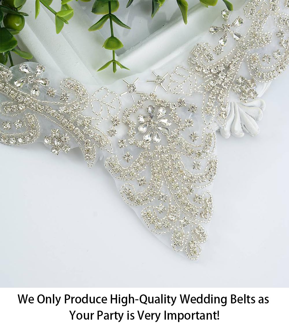 ShiDianYi Diamante Sweet Heart Rhinestone Bridal Sash Applique, Pearl Beaded Wedding Applique