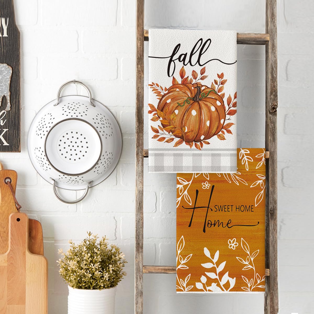 Artoid Mode Orange Buffalo Plaid Polka Dot Pumpkin Fall Kitchen Towels Dish Towels, 18x26 Inch Farmhouse Eucalyptus Leaves Decoration Hand Towels Set of 4