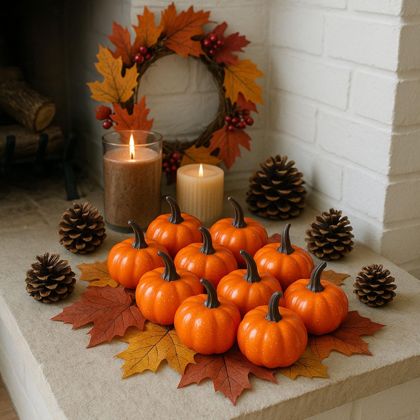 DomeStar 42 PCS Artificial Pumpkins Sets, 12PCS Mini Fake Pumpkins with 30PCS Lifelike Maple Leaves Faux Pumpkins for Decorating Fall Harvest Garland Halloween DIY for Crafts Thanksgiving Decorations