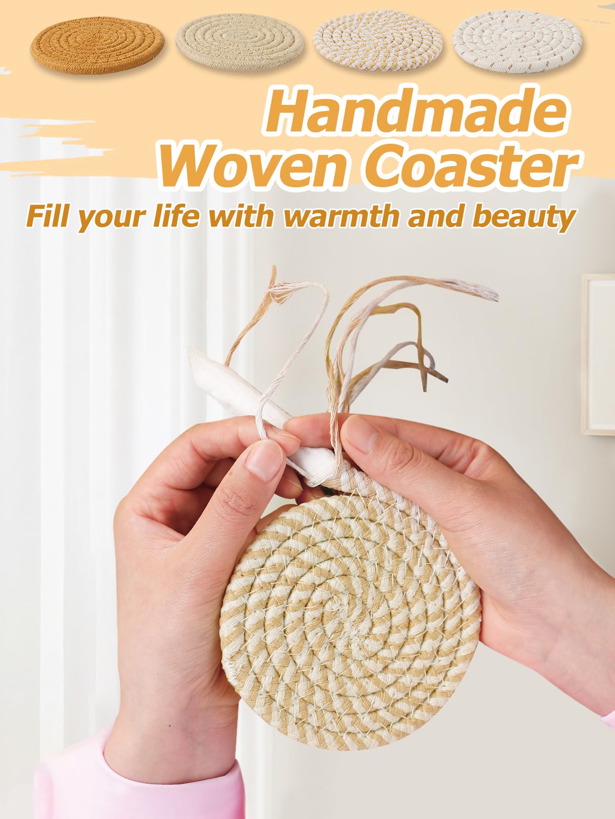 Handmade Woven Drink Coasters, 8 Pcs BOHO Coasters for Home Decor, Absorbent Farmhouse Cotton Table Coasters for Kinds of Cups New House Gift (4.3in, Yellow/Brown/White)