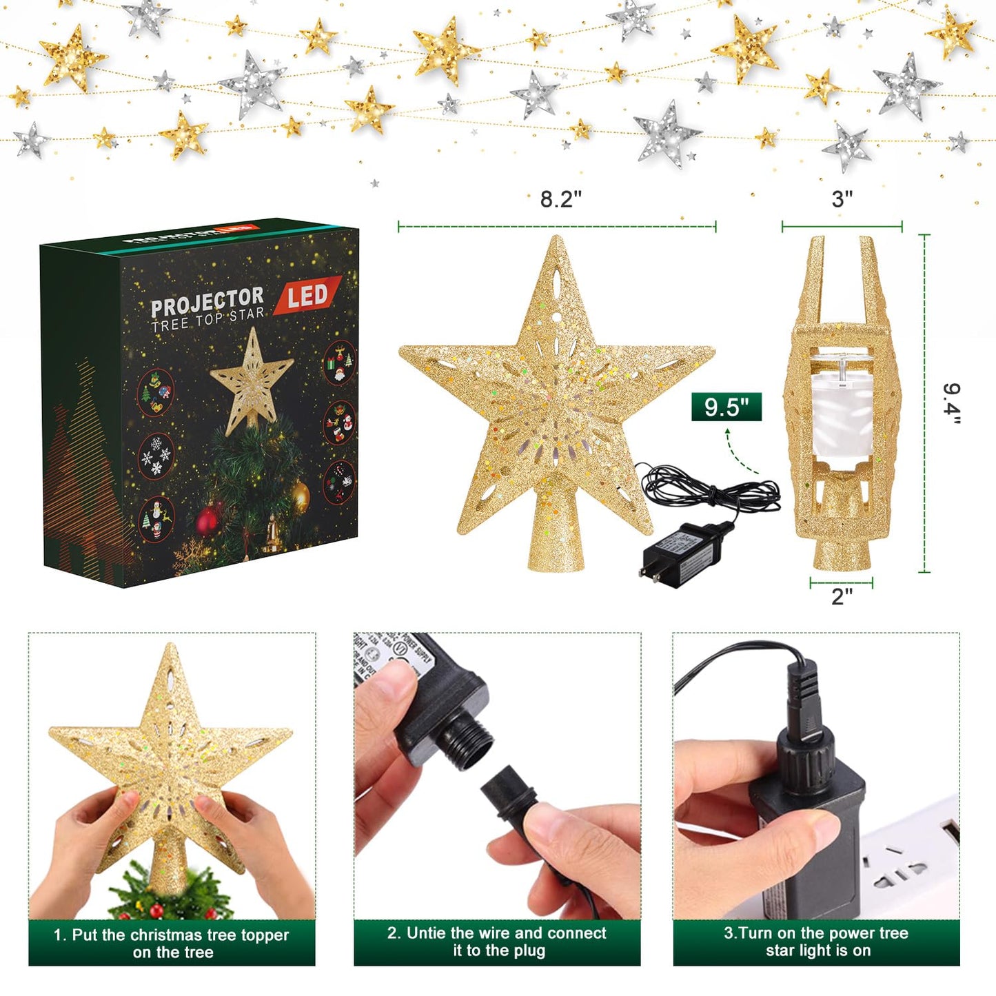 Kesfitt Christmas Tree Topper Golden Lighted with 6 Projection Modes,Christmas Tree Star Built-in LED Rotating Lights, 3D Glitter Dynamic Projection for Xmas Party Holiday Decorations