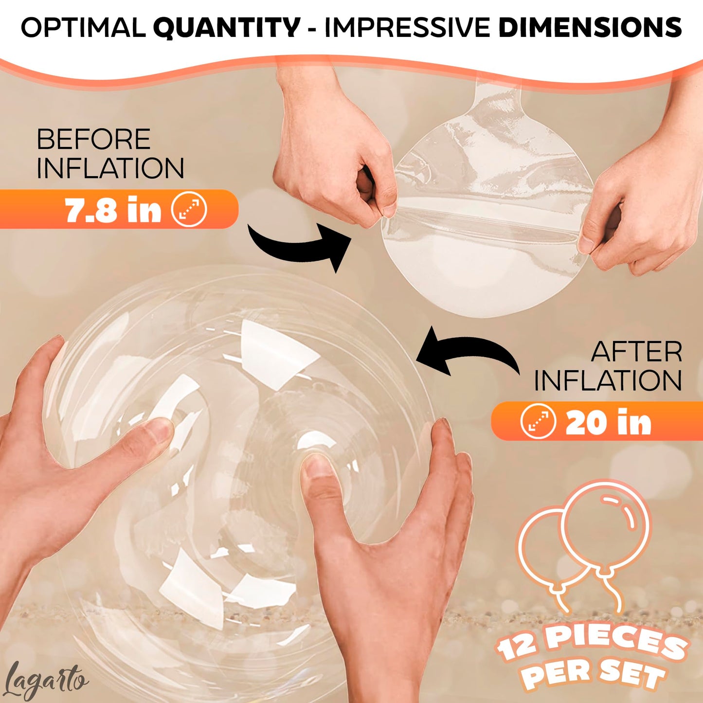 Clear Balloons for Stuffing – 12 Pack Large Clear Balloons, 20 Inch Transparent Helium Tpu Glossy Material – Bubble Balloon Design for Wedding Supplies, Birthday Decorations, Party Games & Photo Zones