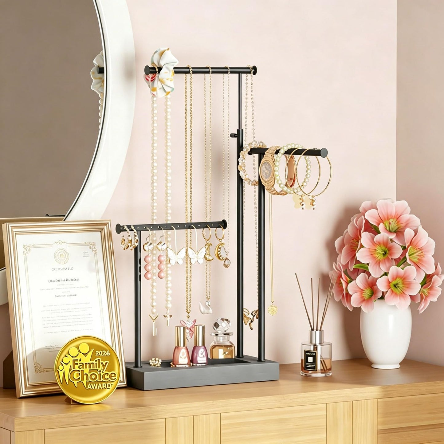 SRIWATANA Jewelry Organizer Display Extra Tall Necklace Holder 3 Tier Jewelry Tree Stand, Gift Idea (Weathered Grey & Black)