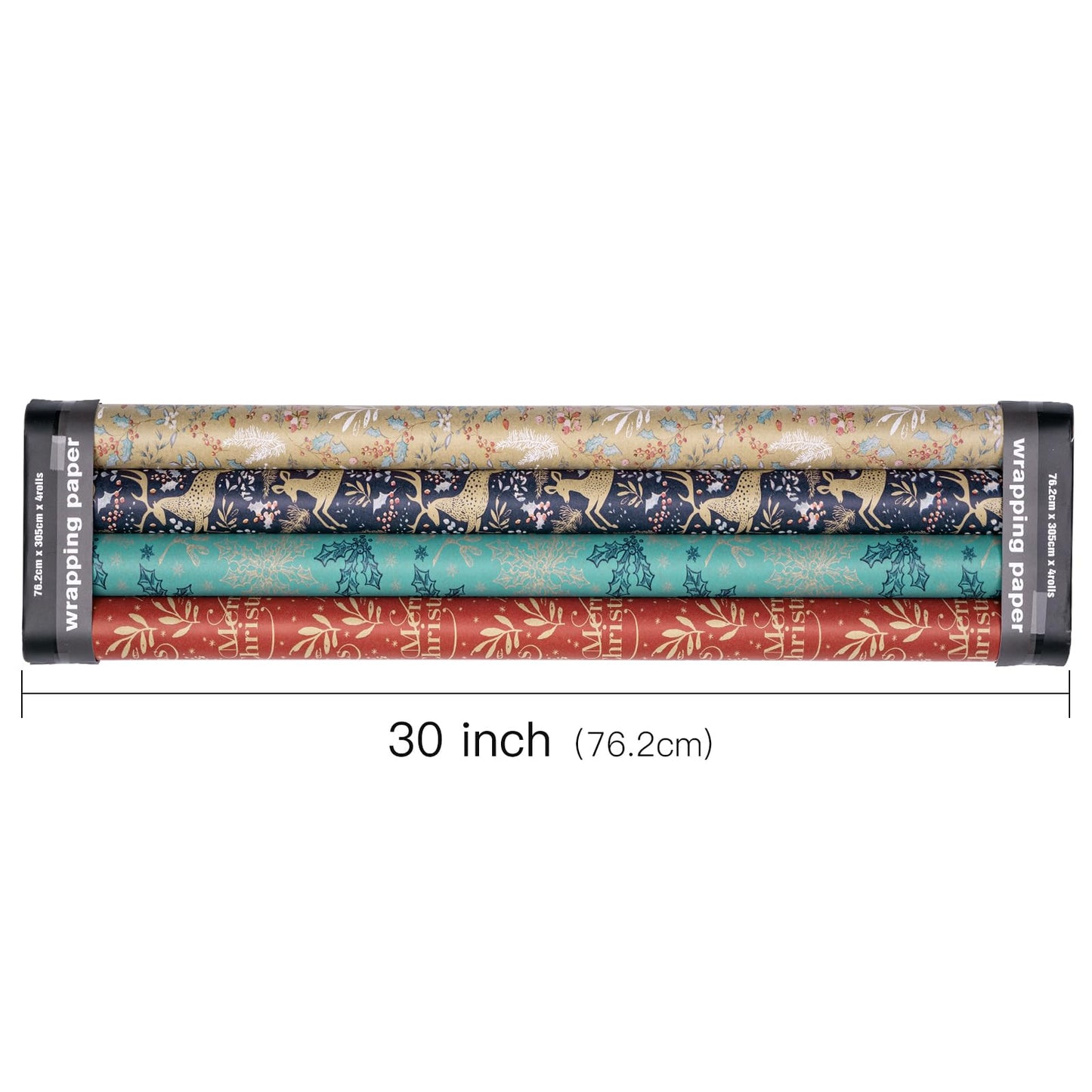 Christmas Kraft Wrapping Paper - Reindeer, Berry Leaf and Text Design - 4 Rolls - 30 inches x 10 feet per Roll