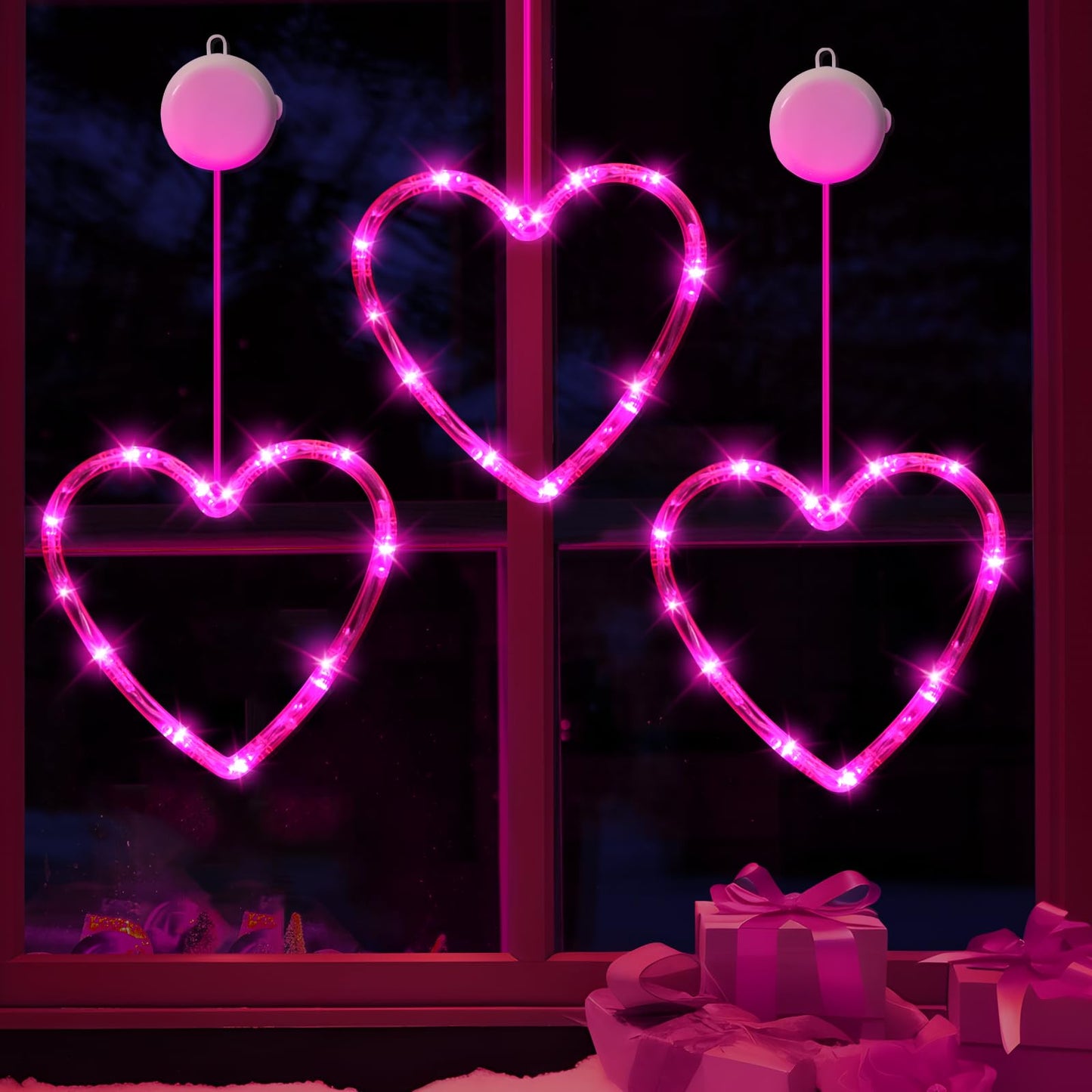 3 Pack Valentines Day Window Lights Decorations with Timer, Battery Powered Hanging Pink Lighted Heart Shaped Sucker LED Lamp for Fireplace Indoor Home Decor