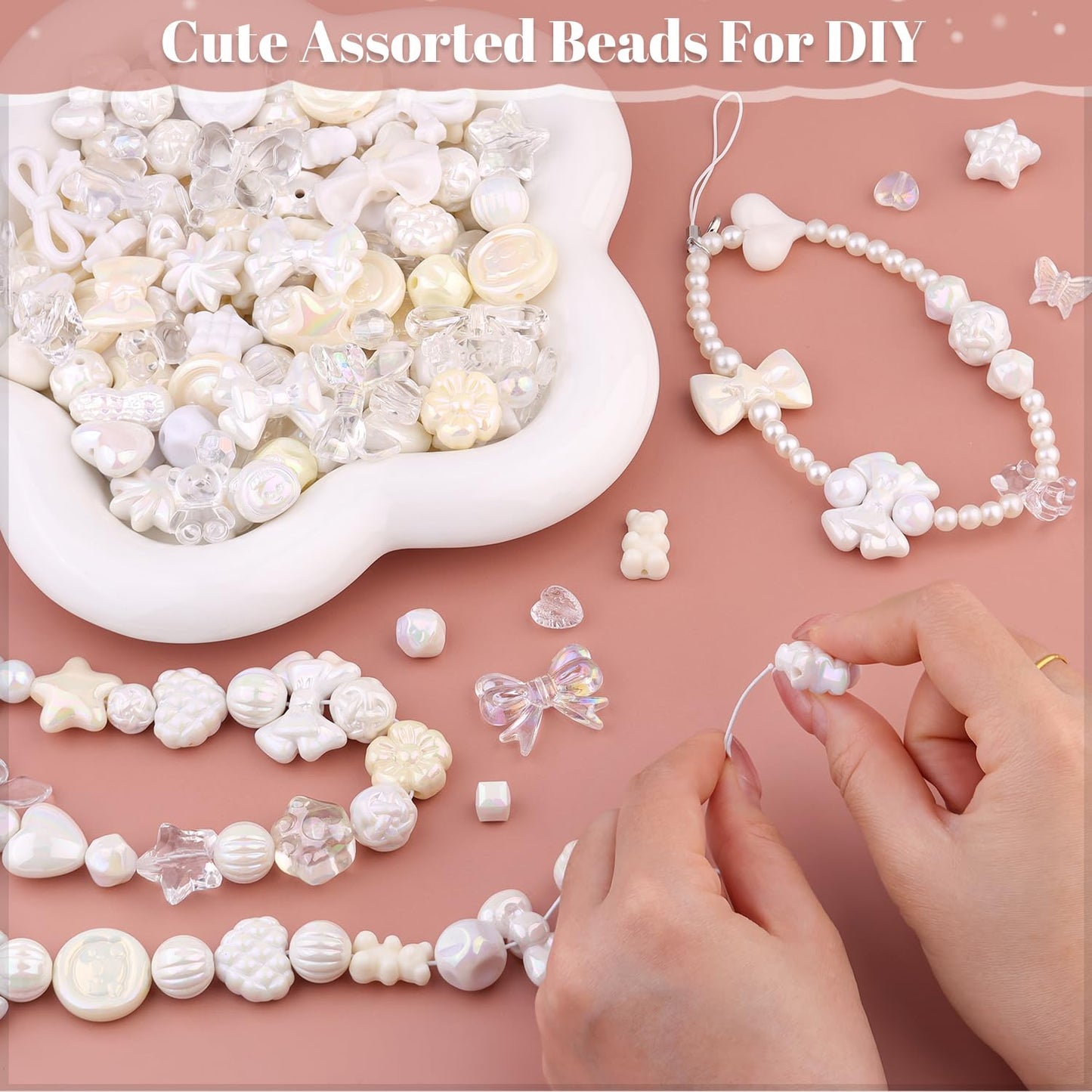 TINKRSTUFF Assorted 170-230PCS White Acrylic Beads for Bracelet Making, Flower Bow Butterfly Candy GummyBear Aesthetic Bracelet Charms,Cute Beads for Jewelry Making DIY Necklace Keychain Phone Charm