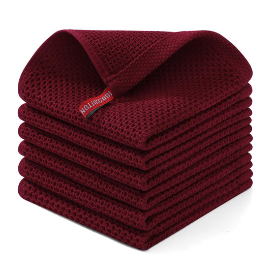 100% Cotton Waffle Weave Kitchen Dish Cloths, Ultra Soft Absorbent Quick Drying Dish Towels, 12 x 12 Inches, 6-Pack, Burgundy