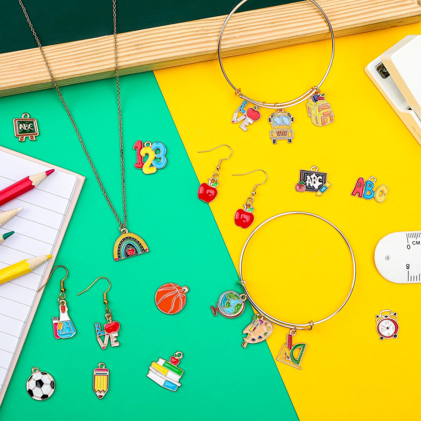 MARFOREVER Back to School Charms, 40Pcs/20 Pairs Teacher Charms for Jewelry Making, First Day of School Enamel Pencil Book Blackboard Pendants for Bracelet Necklace Earrings