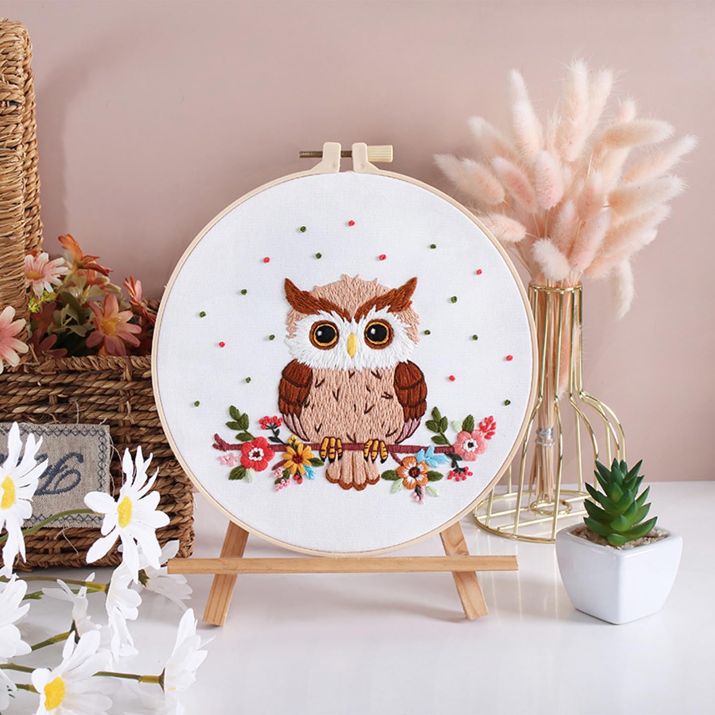 Louise Maelys Owl Embroidery Kits for Beginners with Floral Pattern,Adults Starter Cross Stitch Kit DIY Needlepoint