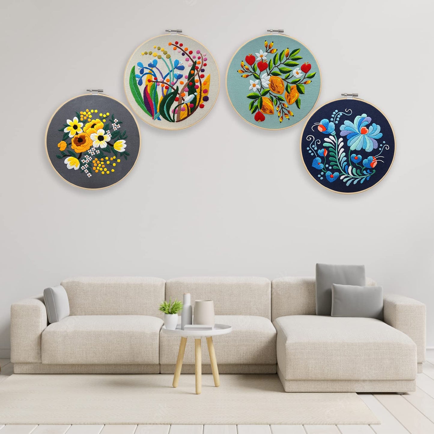 Picoey Modern Flower Heart Embroidery Kit for Beginners with Pattern and Instructions,4 Pack Cross Stitch Kits,2 Wooden Embroidery Hoops,Threads and Needles,Needlepoint Kit for Adults