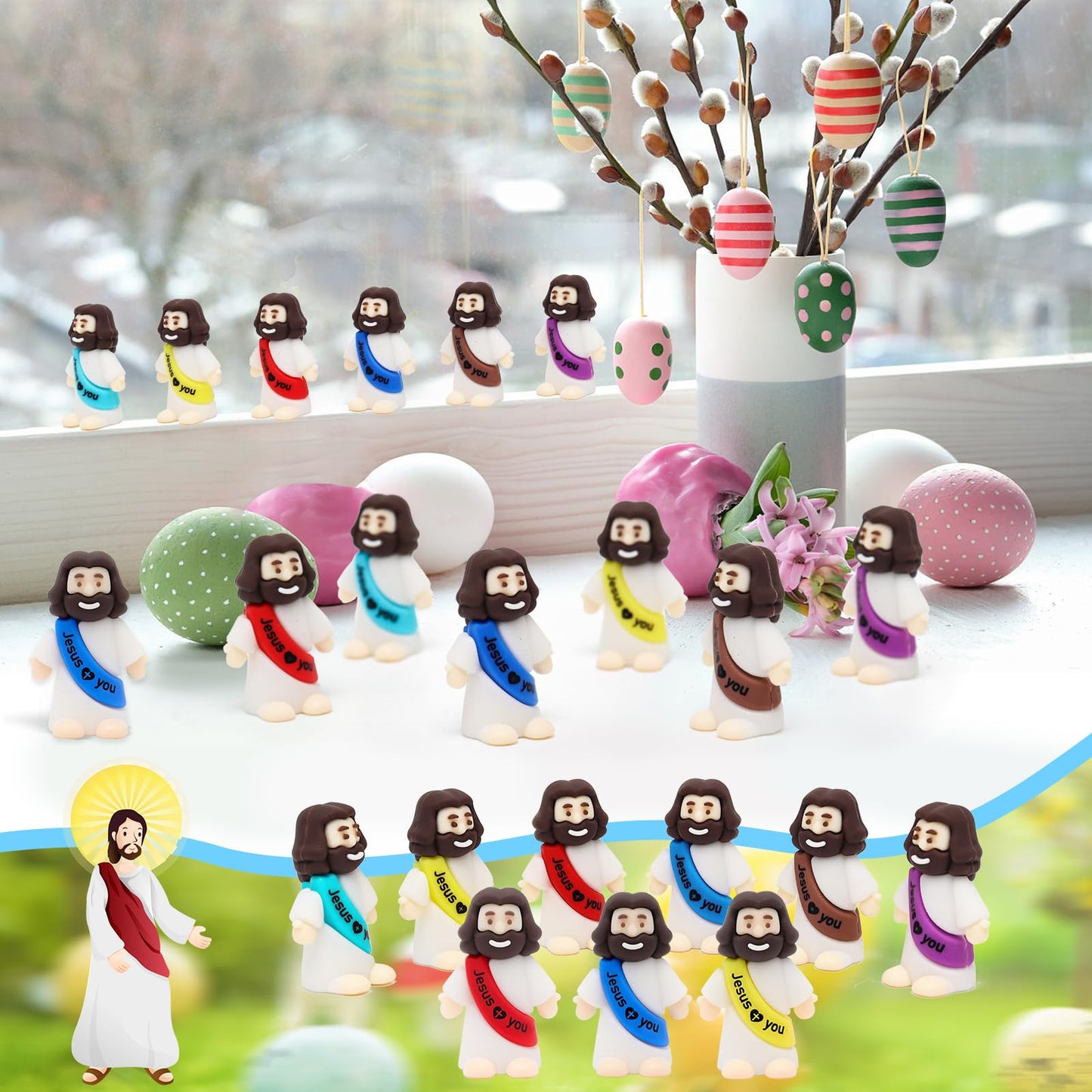 YuDanae 100pcs Jesus Loves You Figures, Mini Jesus Figurines in Bulk for Sunday School Religious Party Favors, Baby Jesus Figure Mini for Baptism Gifts and Easter Egg Stuffers