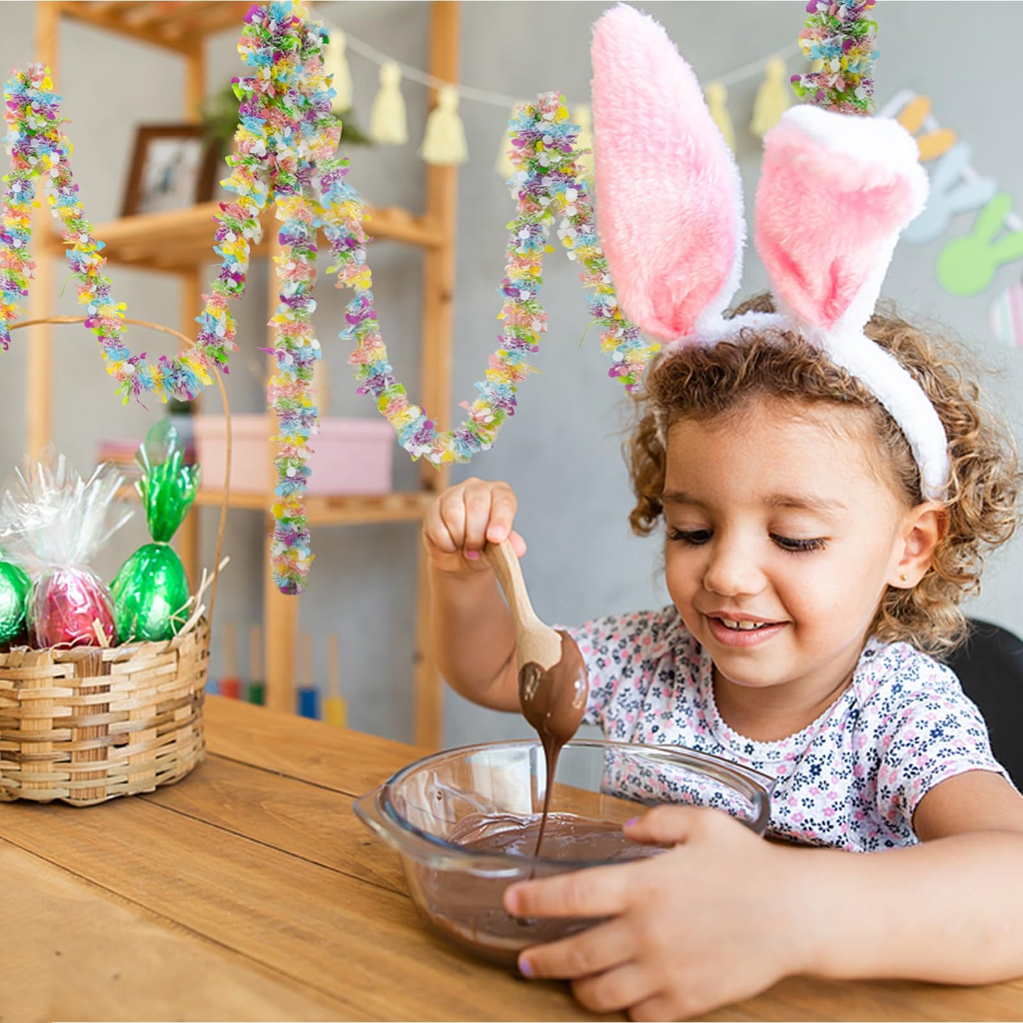Easter Garland Decor,50Ft Glitter Tinsel Spring Garland Decorations for Tree Mantle Bedroom Office Classroom Party Indoor Outdoor Holiday Home Pink Yellow Blue Green White