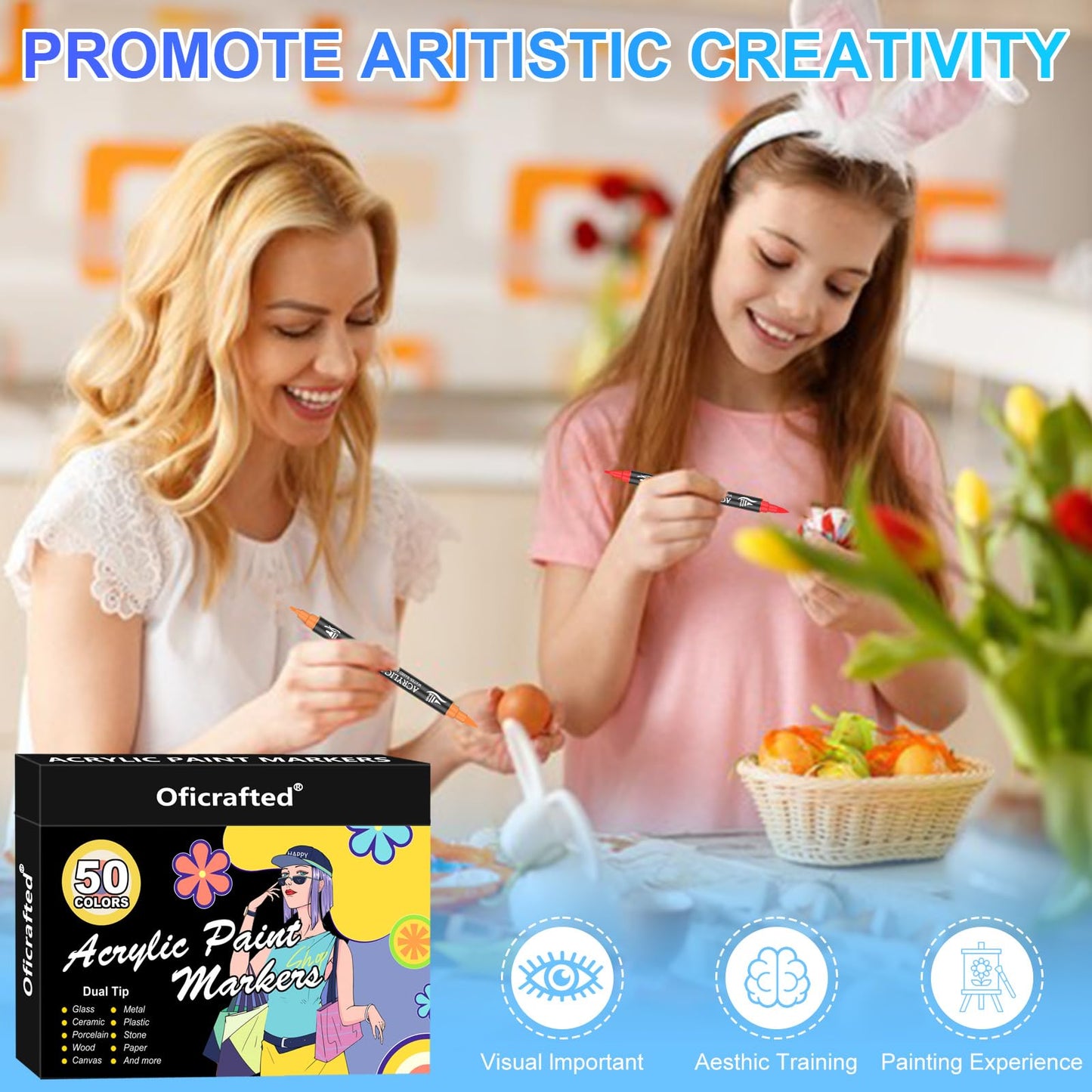 Acrylic Paint Pens, 50 Colors Dual Tip Markers with Fine and Brush Tip, Premium Marking Pens Set for Rock, Wood, Plastic, Fabric Painting and DIY Crafts