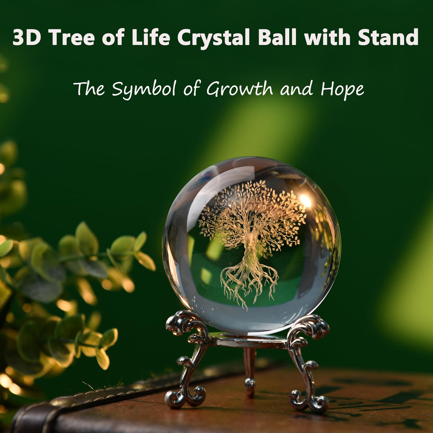 IFOLAINA 3D Tree of Life Crystal Ball with Stand Laser Engraved Glass Ball Tree of Life Decor Decorative Globes 3D Crystal Plant Sphere Gifts for Her Birthday