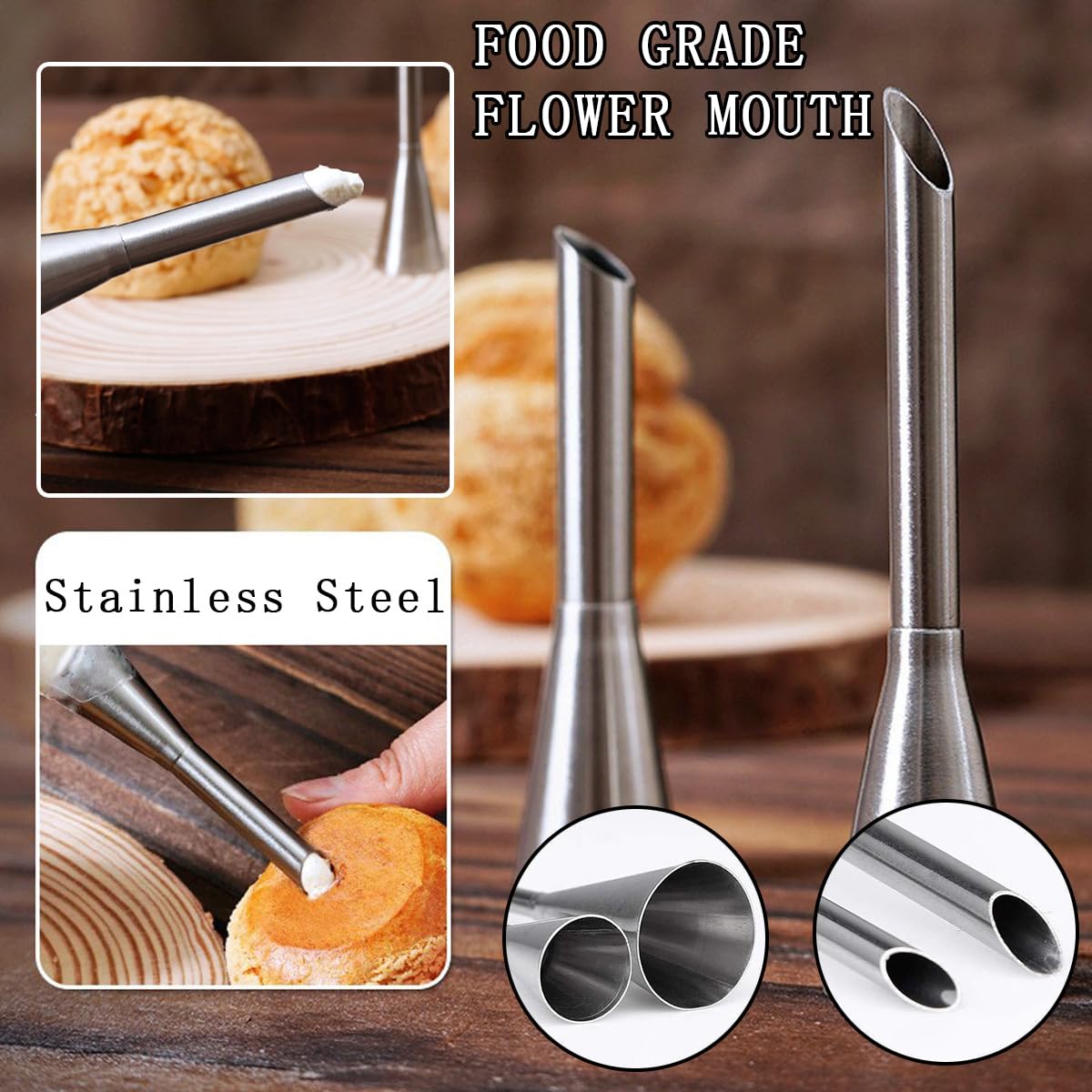 6 PCS Cream Icing Piping Nozzle Tip Stainless Steel Long Cream Puff Piping Tips Cake Decorating Tools Multipurpose Pastry Piping for Small Pastries Puffs Cupcakes Filling Donuts Other Pastries
