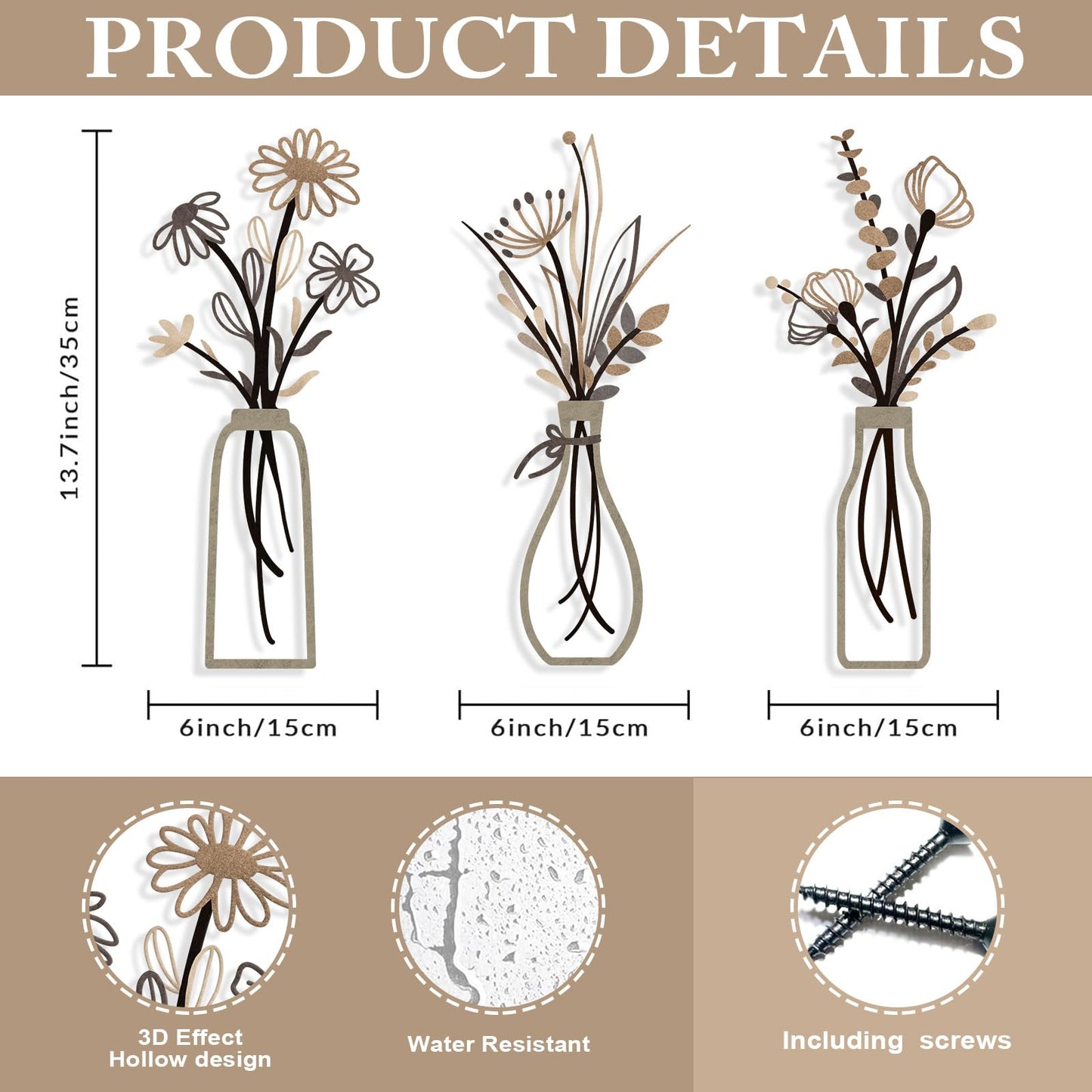 3 Pieces Metal Flowers Wall Arts - Rustic Farmhouse Style Décor Metal Wall Art Black Minimalist Flower Natural Themed Wall Decors for Home Bedroom Dining Room Housewarming (Brown)