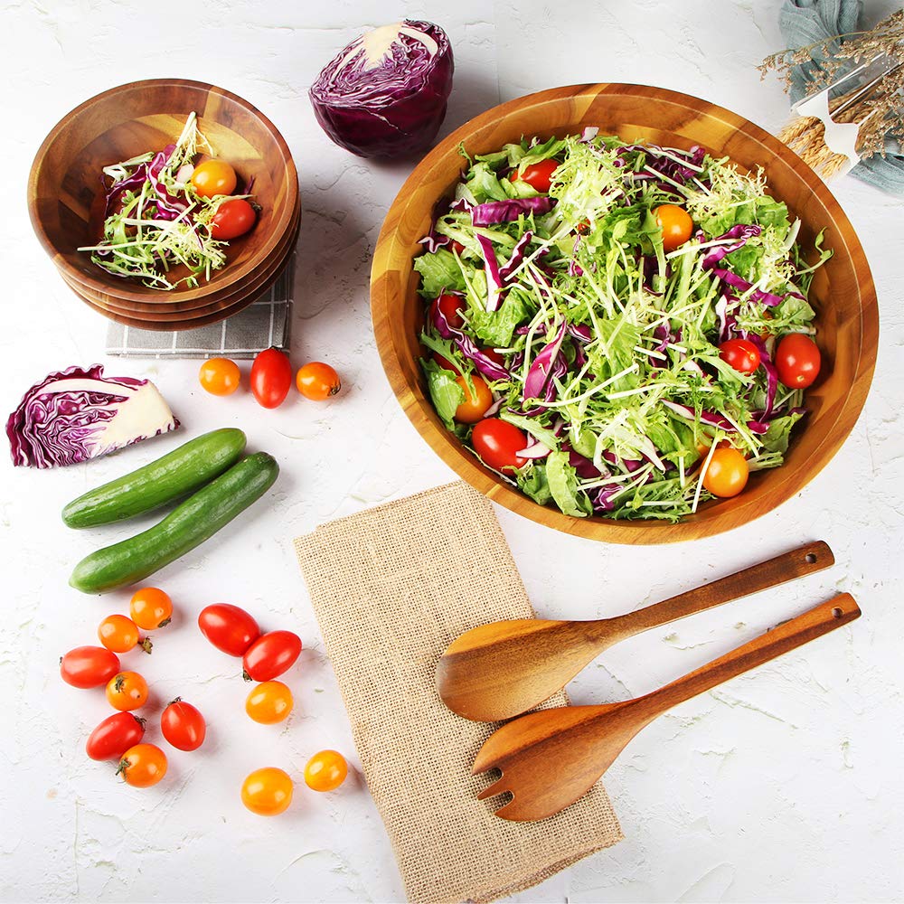 Salad Bowls, Wooden Salad Bowls Set, Large Acacia Wood Serving Bowl for Fruits, Salad, 12.5" Big Salad Bowl with Serving Utensils